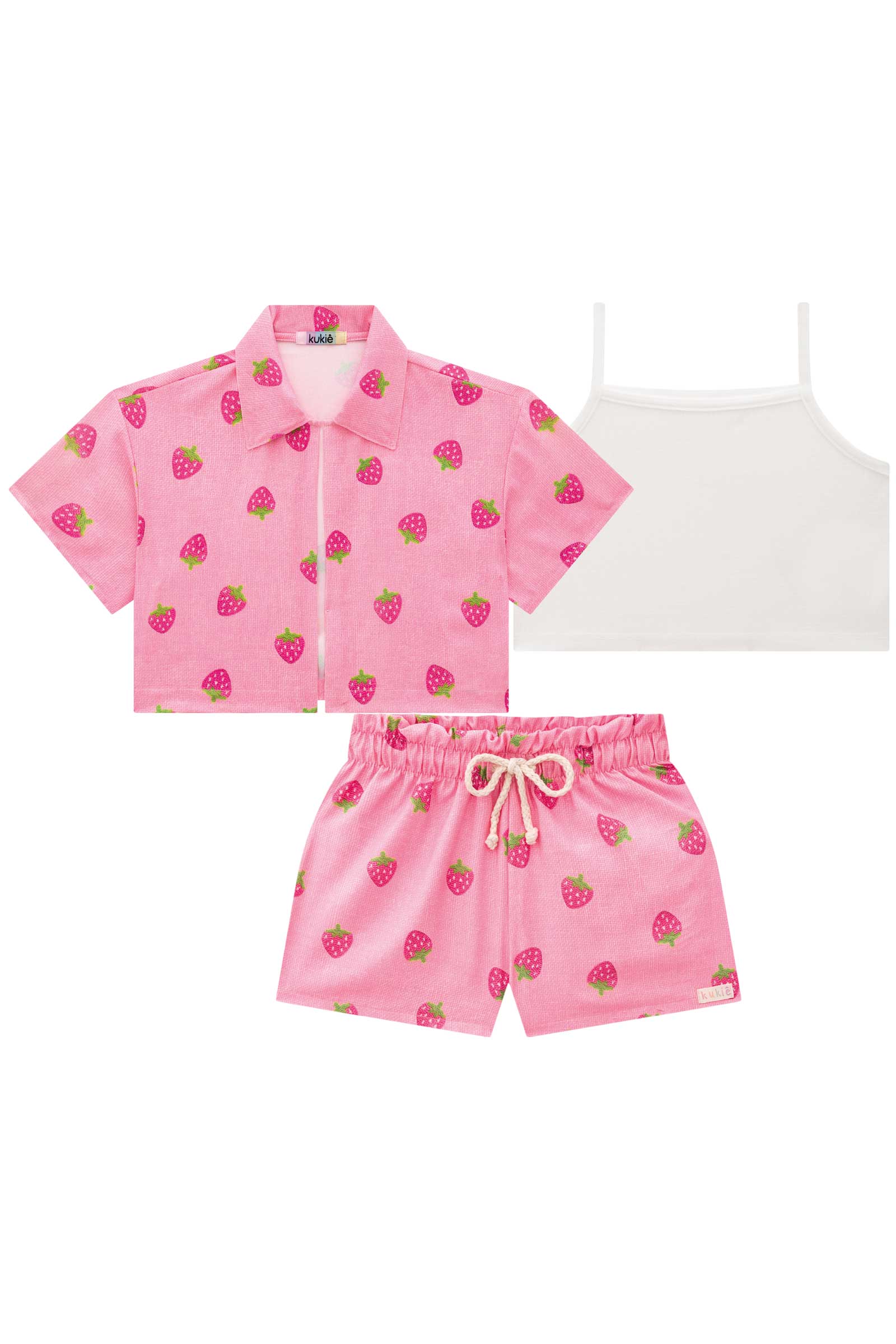 Conjunto Infantil Kukie Inverno Tropical Shorts Blusa e Top Rosa Morango