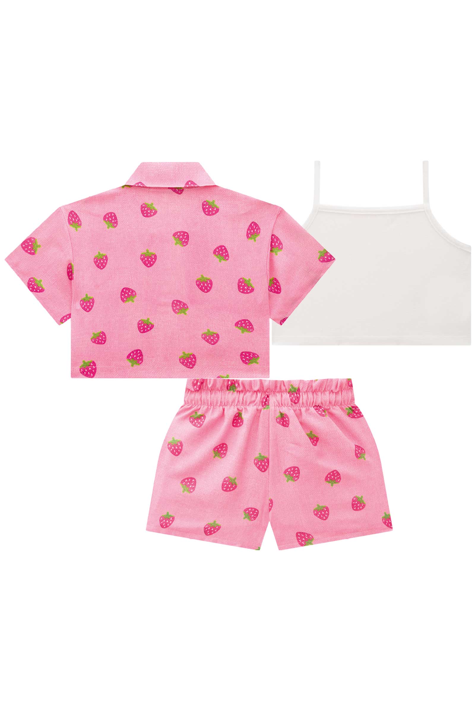 Conjunto Infantil Kukie Inverno Tropical Shorts Blusa e Top Rosa Morango