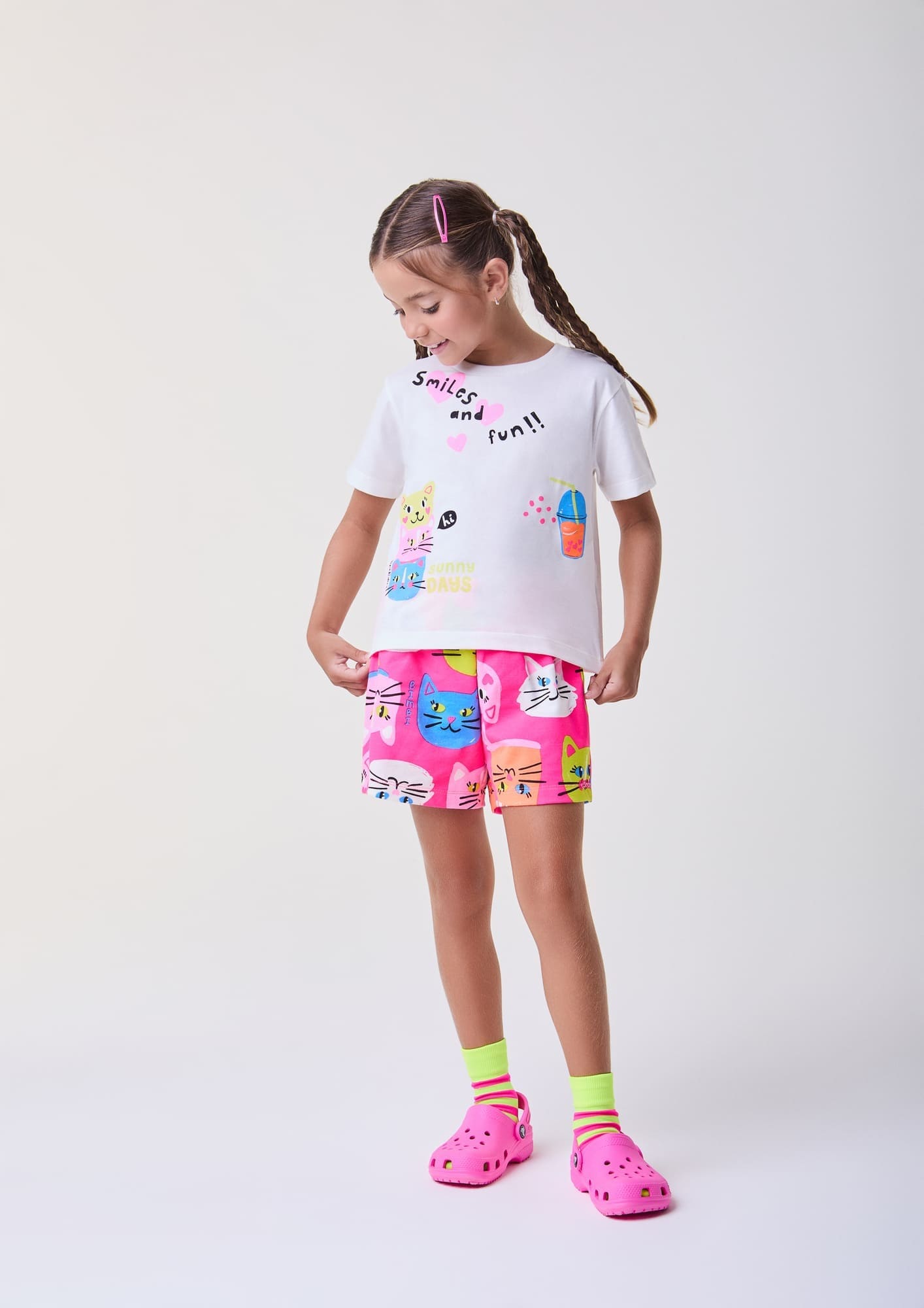 Conjunto Infantil Bimbi Verão com Shorts Rosa e Blusa Branca Gatinho Smiles