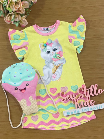 Vestido Infantil Kukie Tropical Gatinho com Bolsinha Sorvete