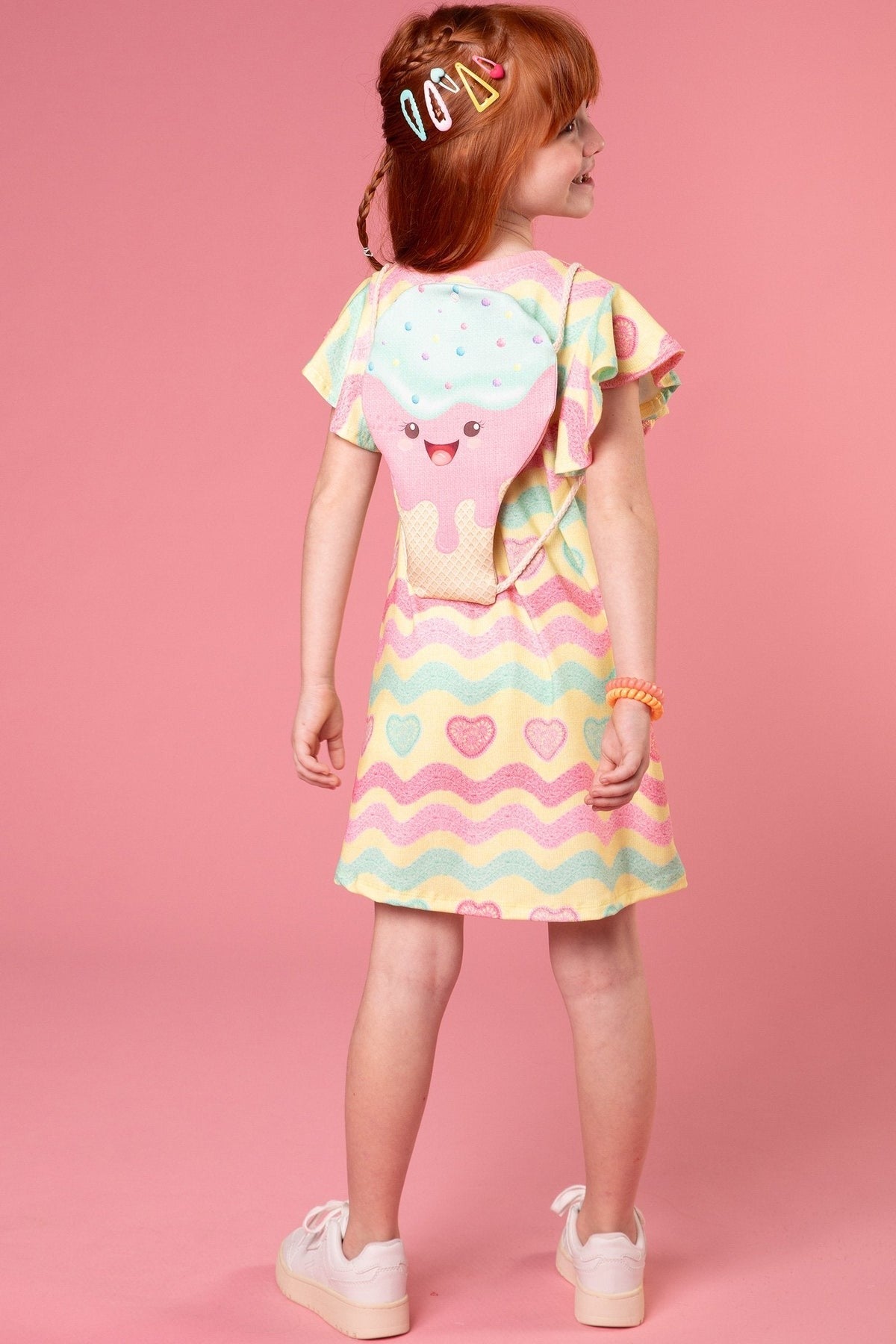 Vestido Infantil Kukie Tropical Gatinho com Bolsinha Sorvete