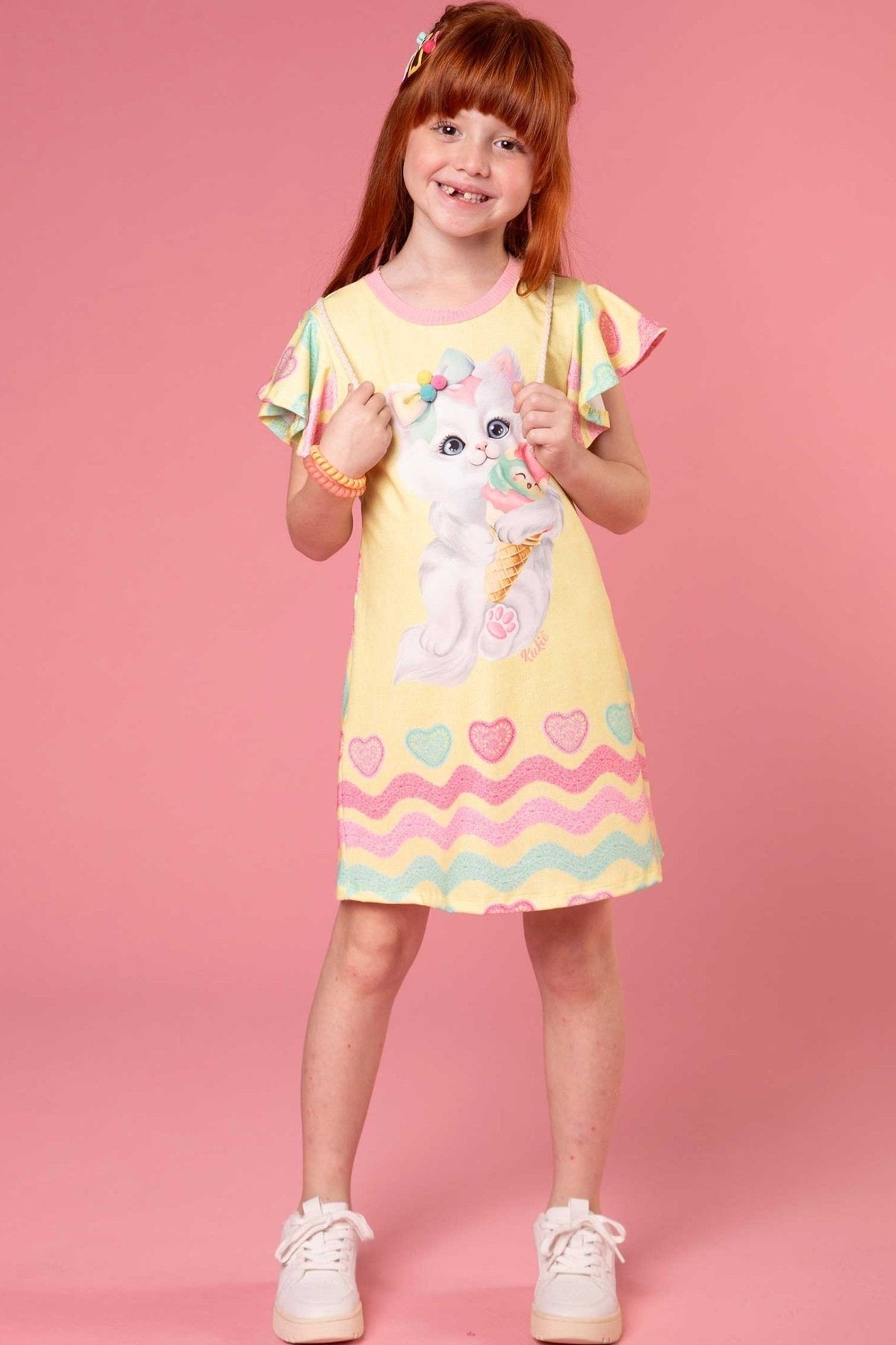Vestido Infantil Kukie Tropical Gatinho com Bolsinha Sorvete
