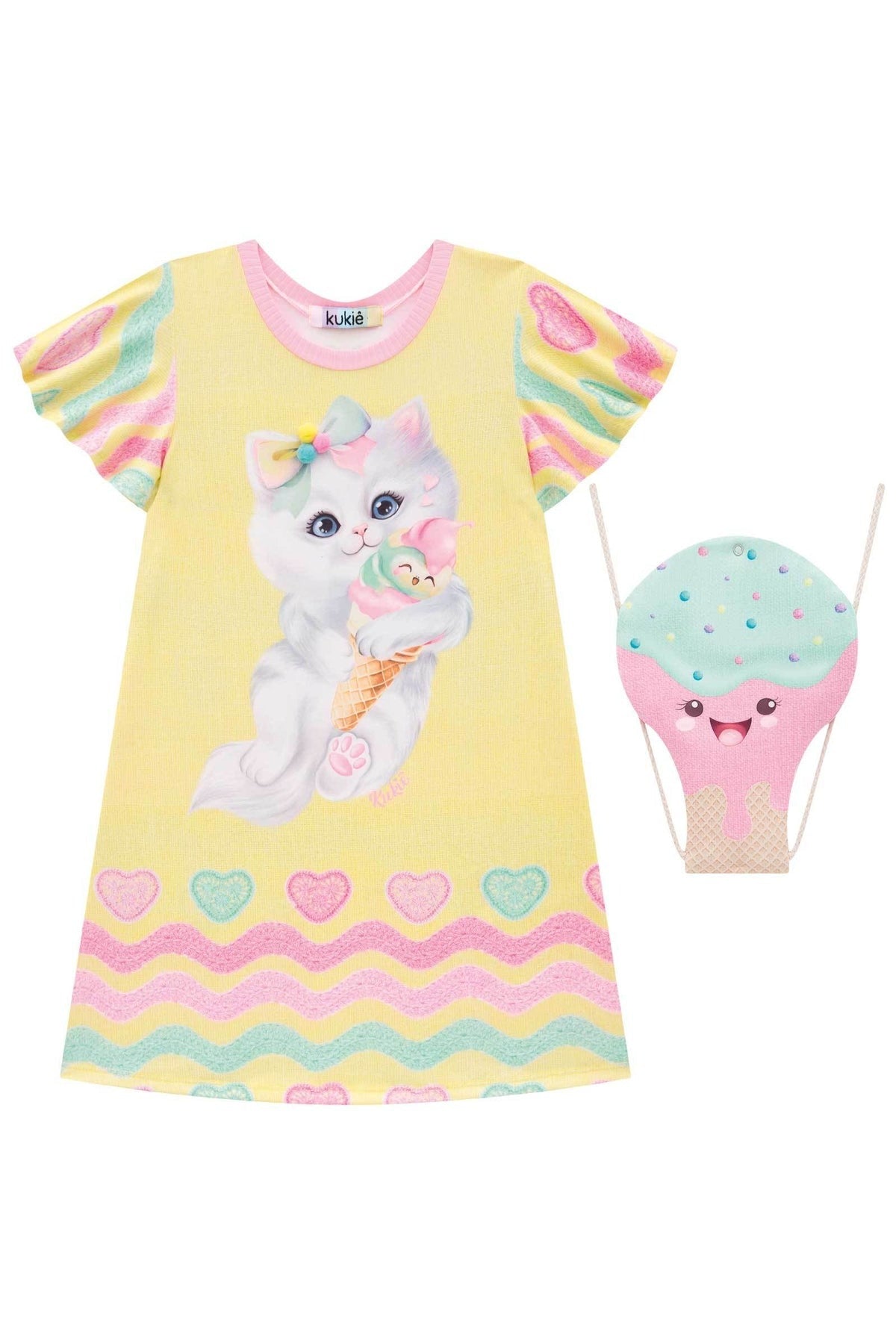 Vestido Infantil Kukie Tropical Gatinho com Bolsinha Sorvete