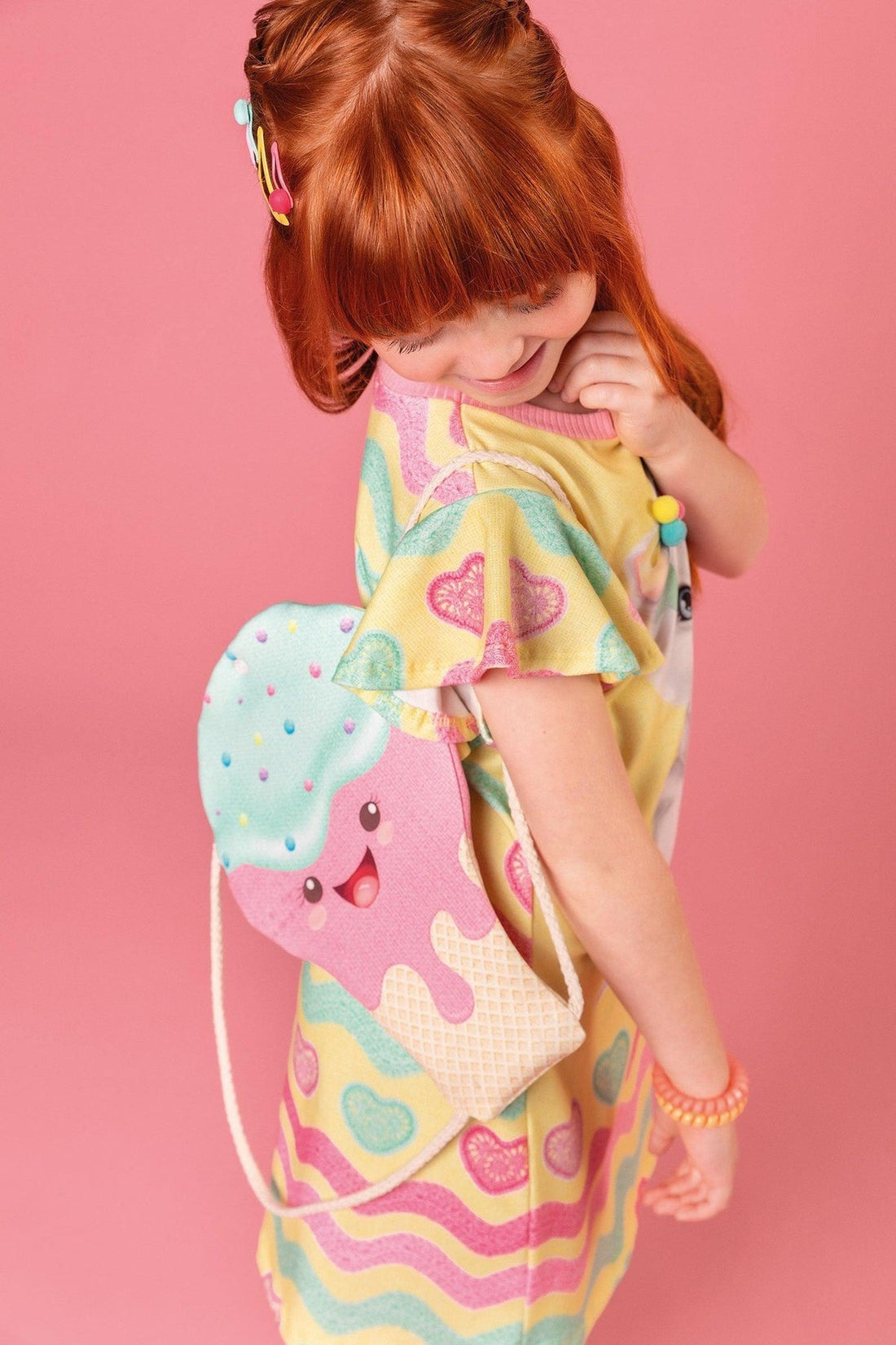Vestido Infantil Kukie Tropical Gatinho com Bolsinha Sorvete