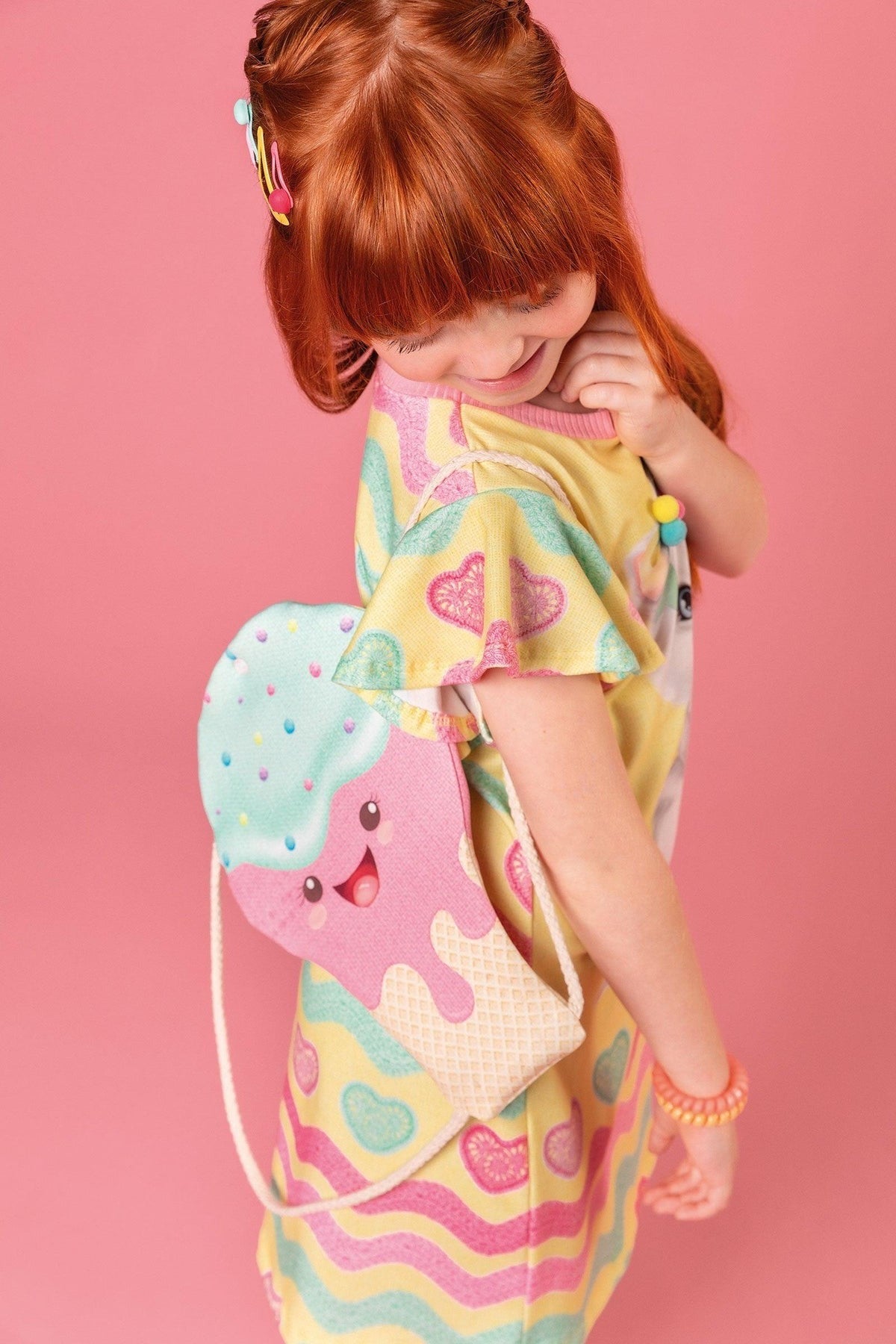 Vestido Infantil Kukie Tropical Gatinho com Bolsinha Sorvete