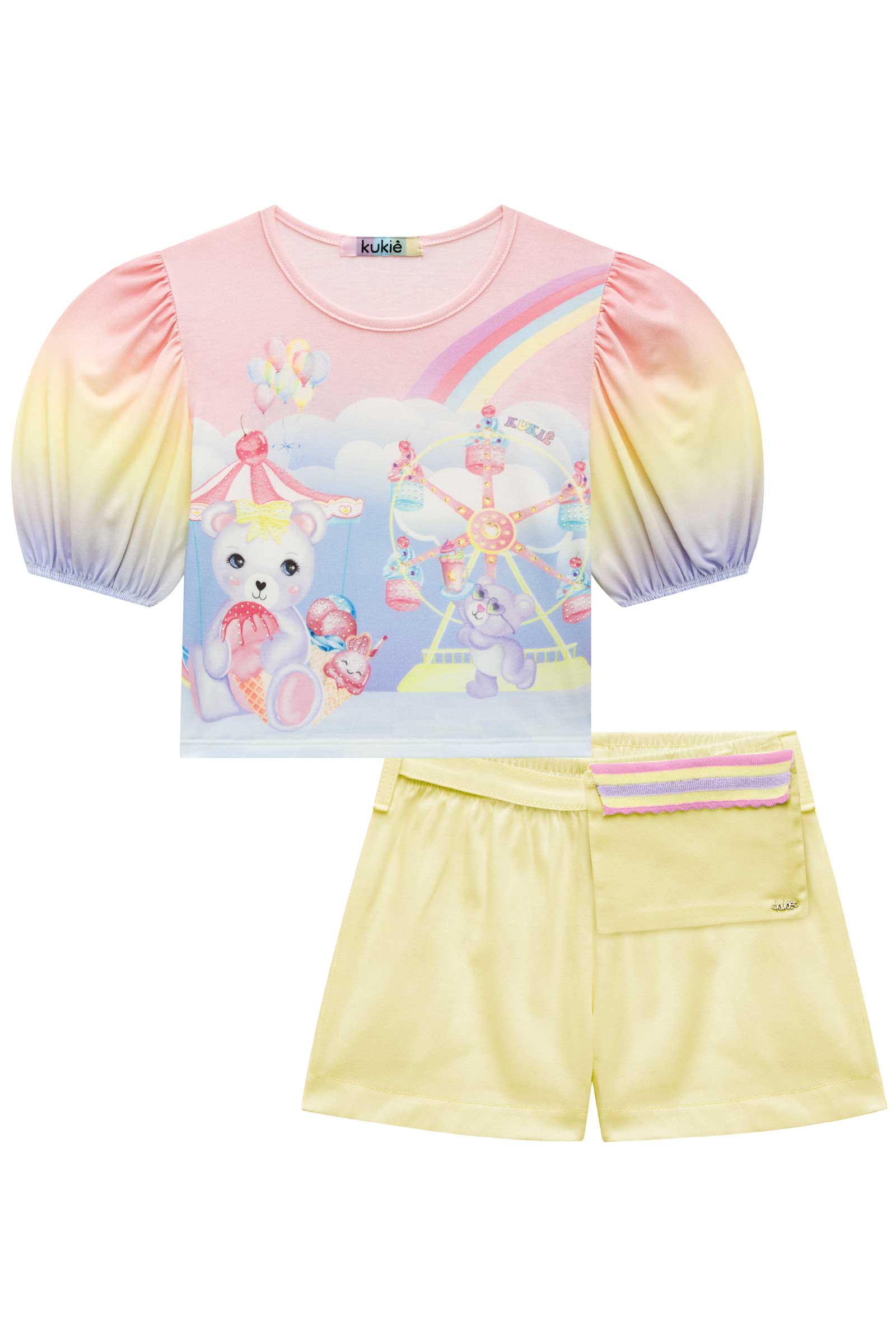 Conjunto Infantil Kukie Inverno Tropical Shorts Com Pochete e Blusa Parque de Diversão