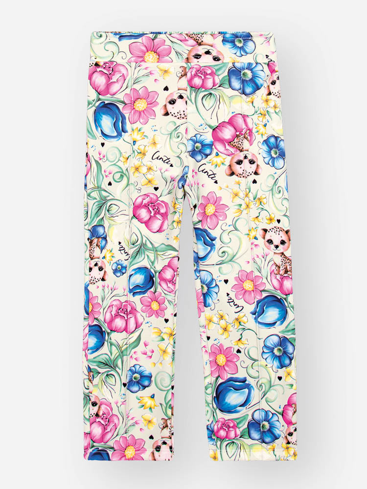 Conjunto Infantil Cinti Verão com Calça e Blusa Branca Oncinha Floral