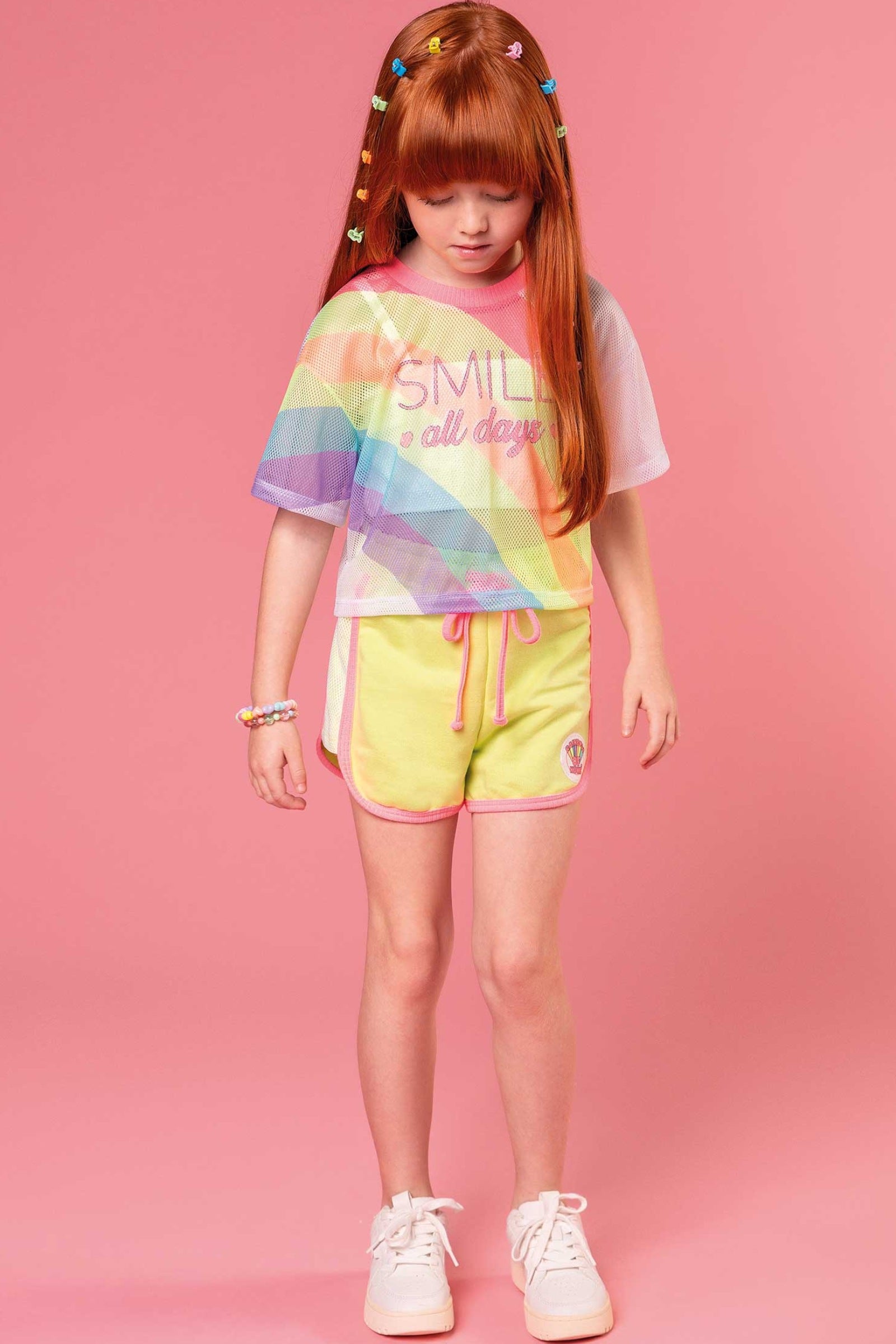 Conjunto Infantil Kukie Tropical Shorts, Top e Sobreposição Smile