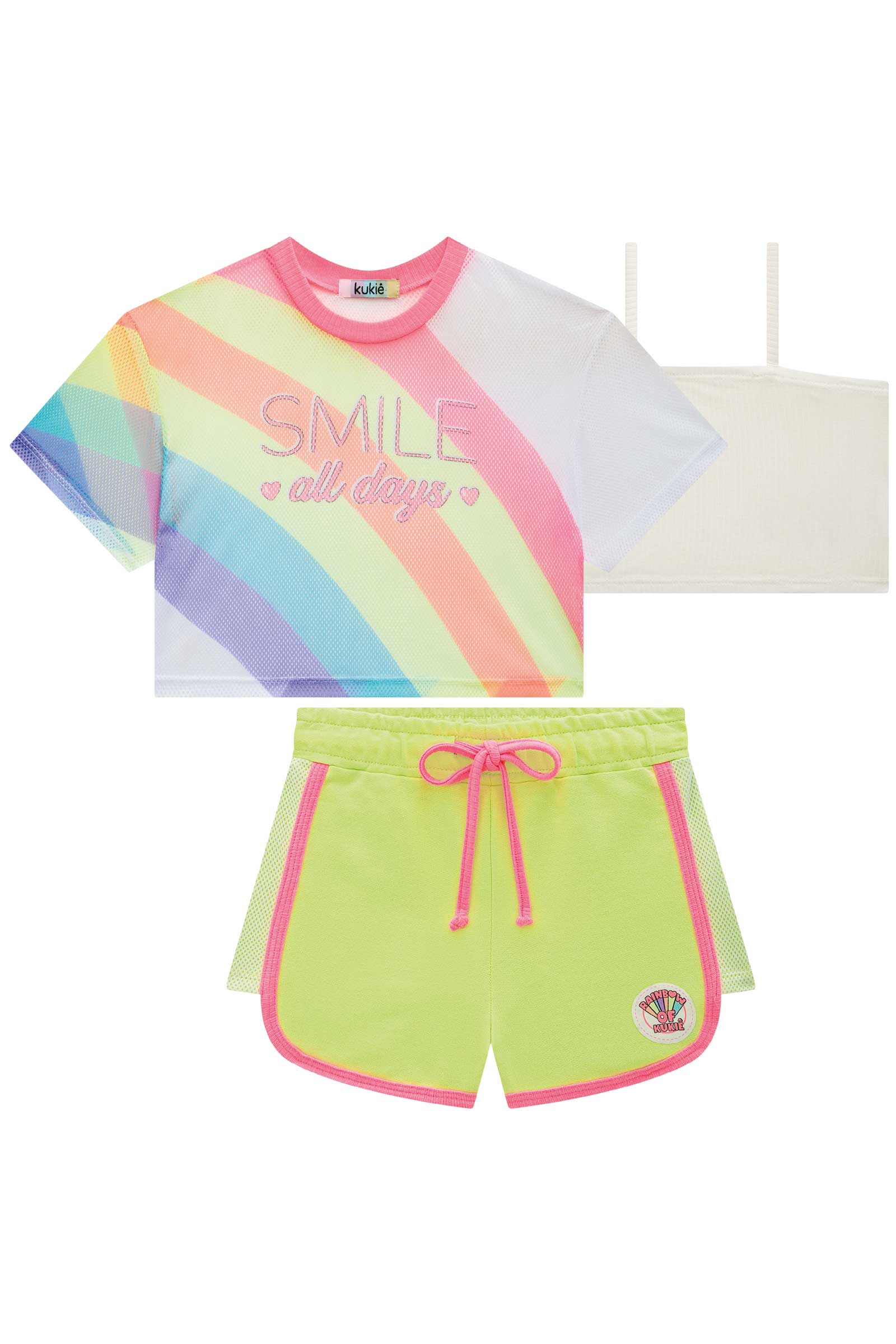 Conjunto Infantil Kukie Tropical Shorts, Top e Sobreposição Smile