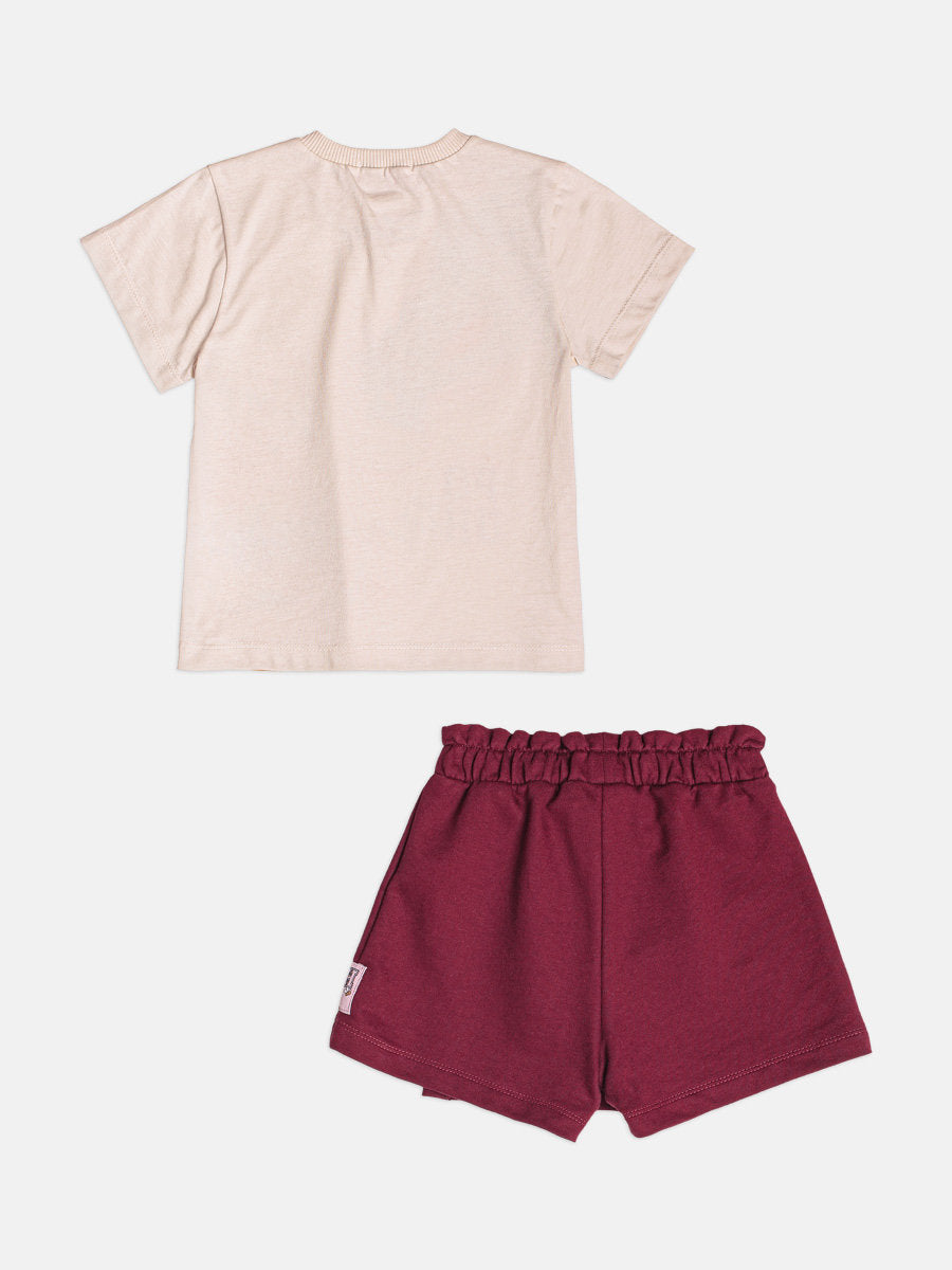 Conjunto Infantil Momi Inverno com Shorts Saia Vinho e Blusa Manga Curta Ursinho Pooh Friends Disney