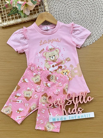 Conjunto Infantil Menina Kukiê com Shorts Ciclista e Blusa Rosa Ursinha Boiadeira