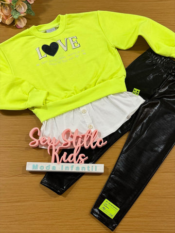 Conjunto Infantil Catavento Inverno com Legging e Moletom Verde Neon Love