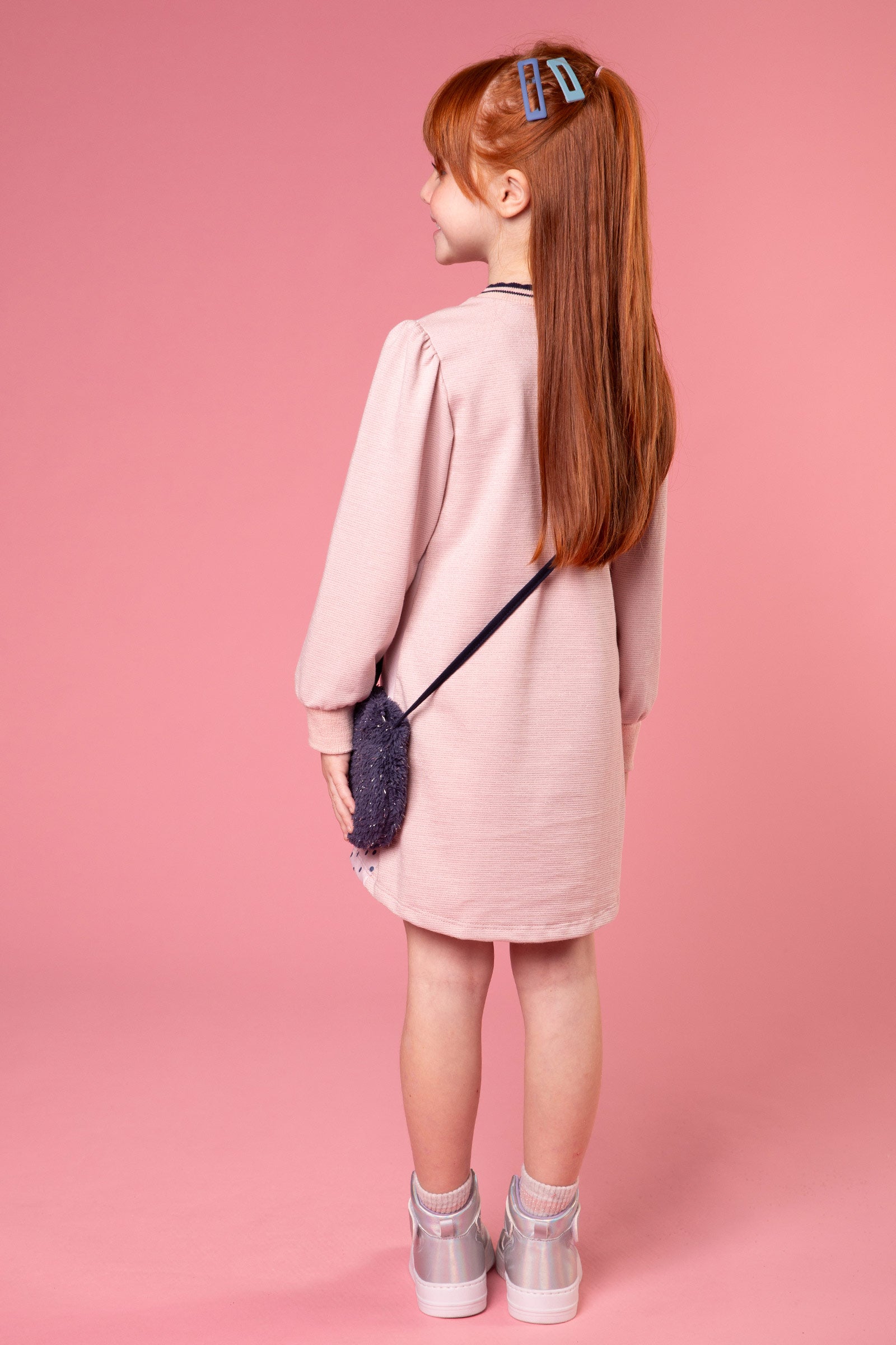 Vestido Infantil Kukie Inverno Ursinha Rosa Com Bolsinha