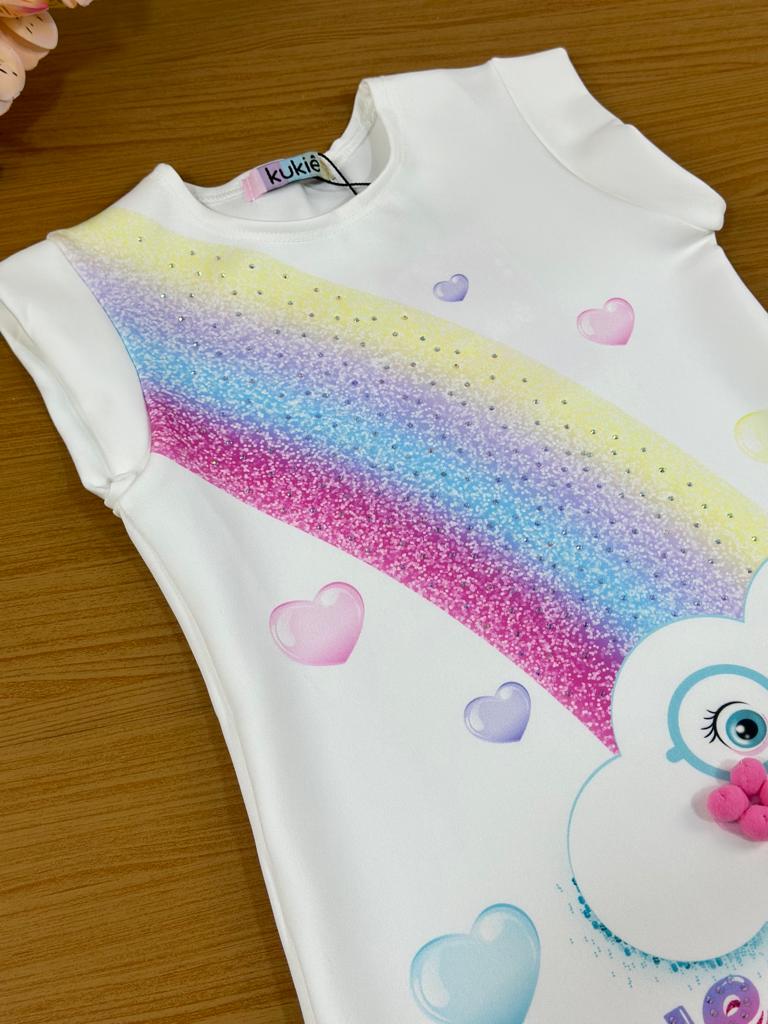 Vestido Infantil Kukie Verão Branco Zé Nuvem com Arco Iris Trolls