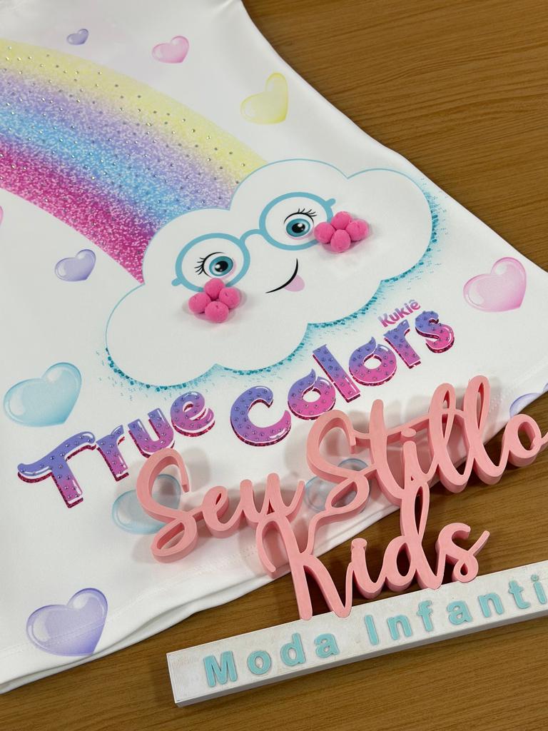 Vestido Infantil Kukie Verão Branco Zé Nuvem com Arco Iris Trolls