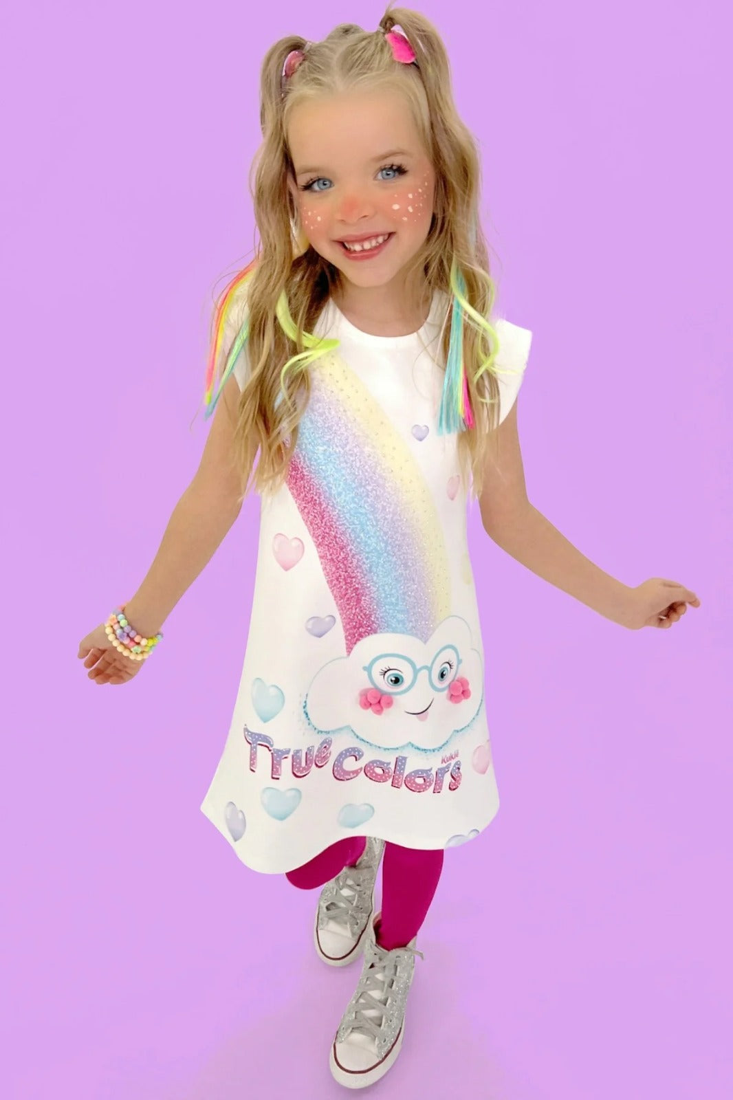 Vestido Infantil Kukie Verão Branco Zé Nuvem com Arco Iris Trolls