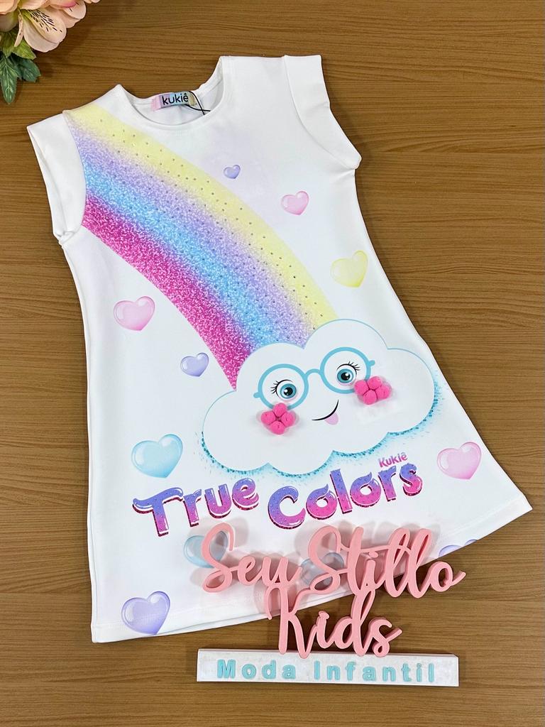 Vestido Infantil Kukie Verão Branco Zé Nuvem com Arco Iris Trolls