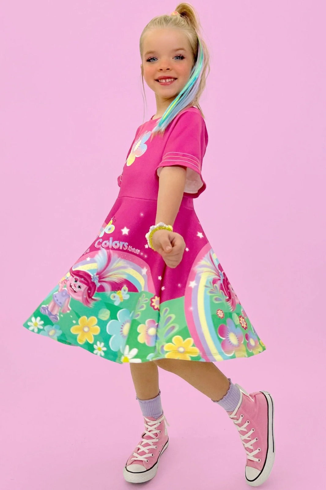 Vestido Infantil Kukie Verão Pink True Colors Mundo Encantado Trolls