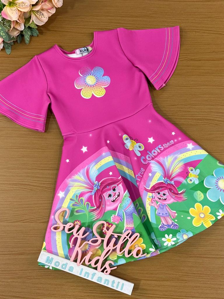 Vestido Infantil Kukie Verão Pink True Colors Mundo Encantado Trolls