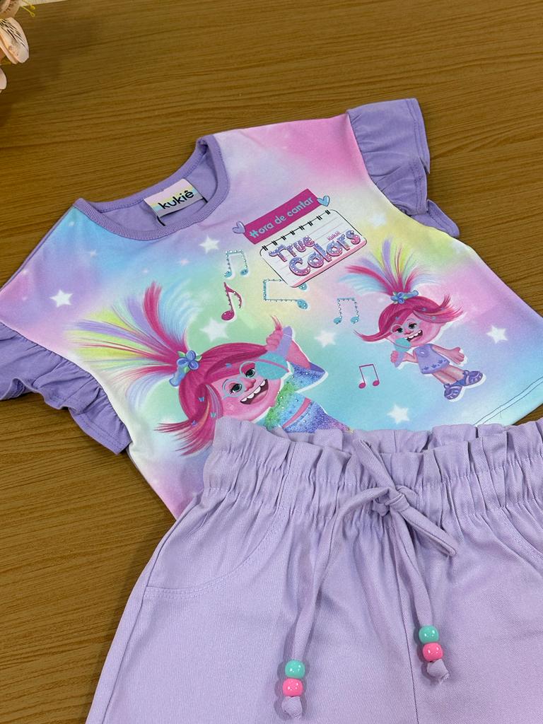 Conjunto Infantil Kukie Verão Com Shorts e Blusa Lilás True Colors Trolls