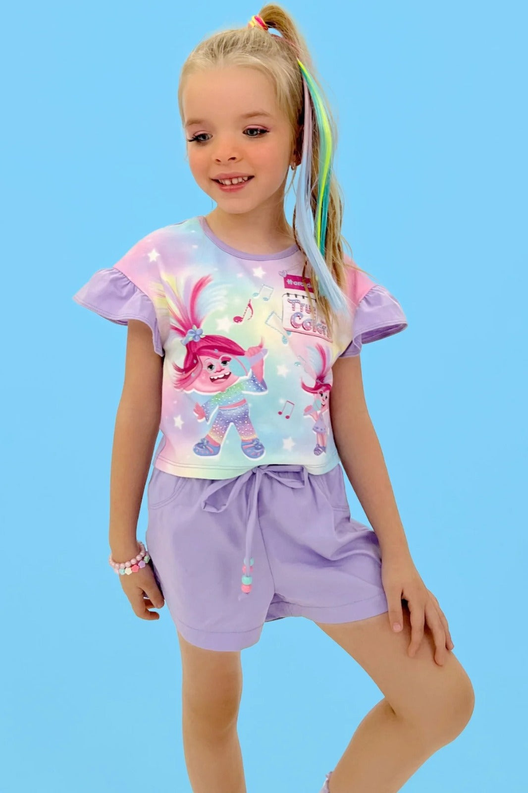 Conjunto Infantil Kukie Verão Com Shorts e Blusa Lilás True Colors Trolls