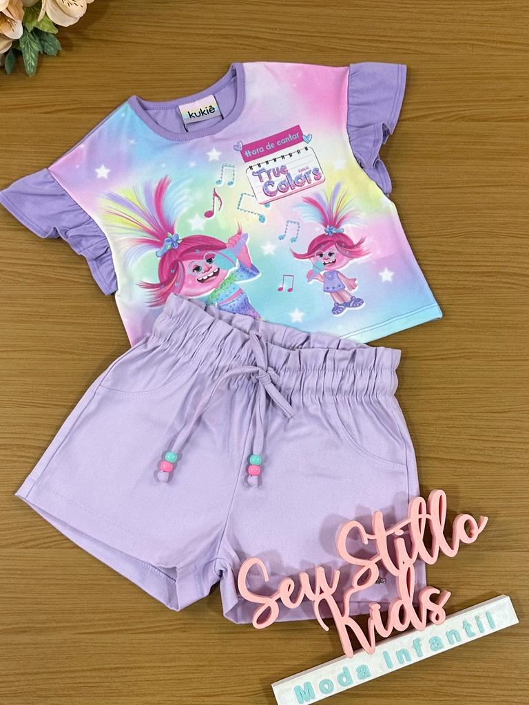 Conjunto Infantil Kukie Verão Com Shorts e Blusa Lilás True Colors Trolls