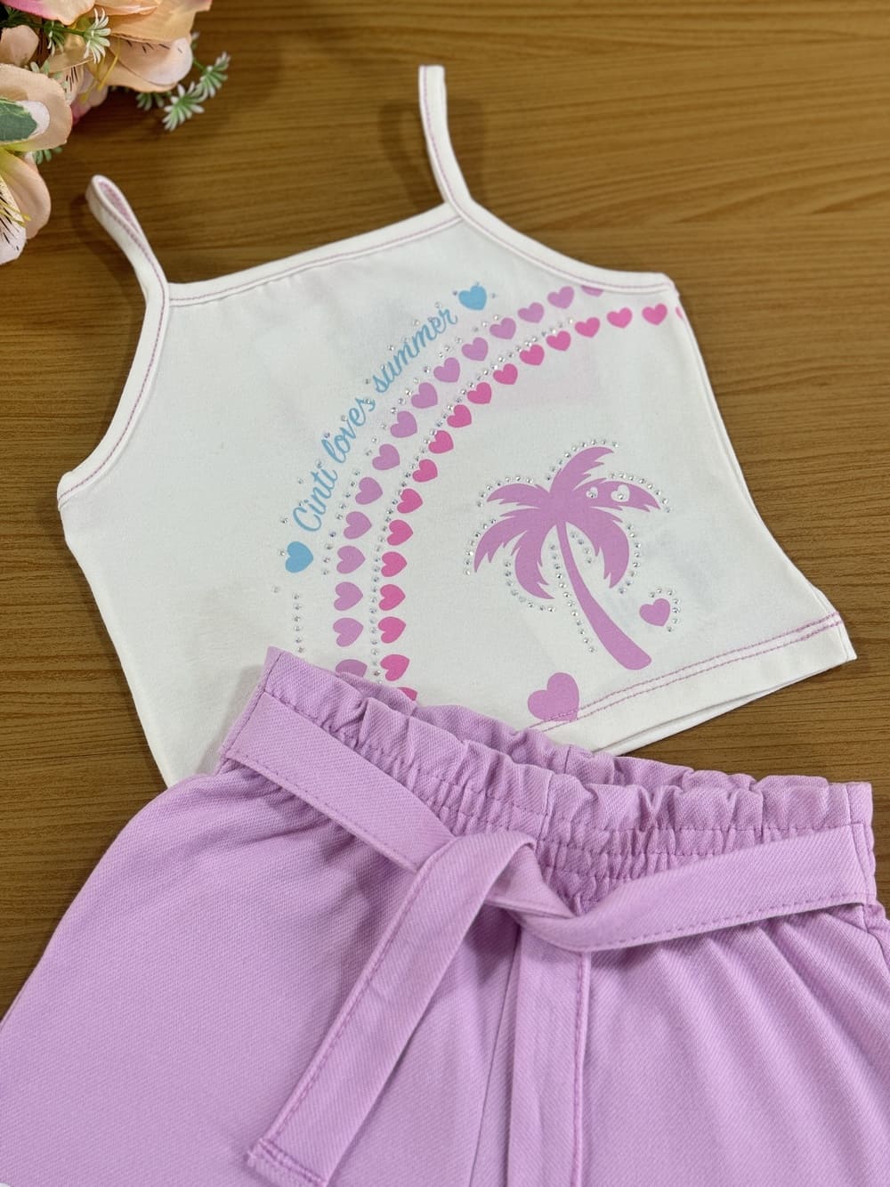 Conjunto Infantil Cinti Verão Shorts Lilás e Regata Coqueiro