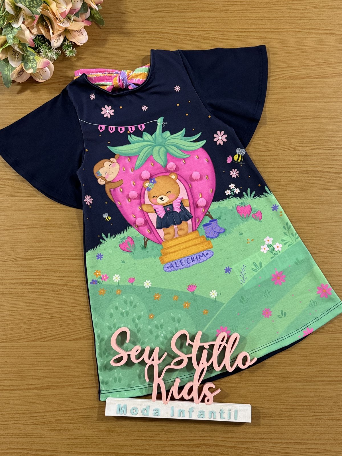 Vestido Infantil Kukie Alecrim Verão Azul Ursinho