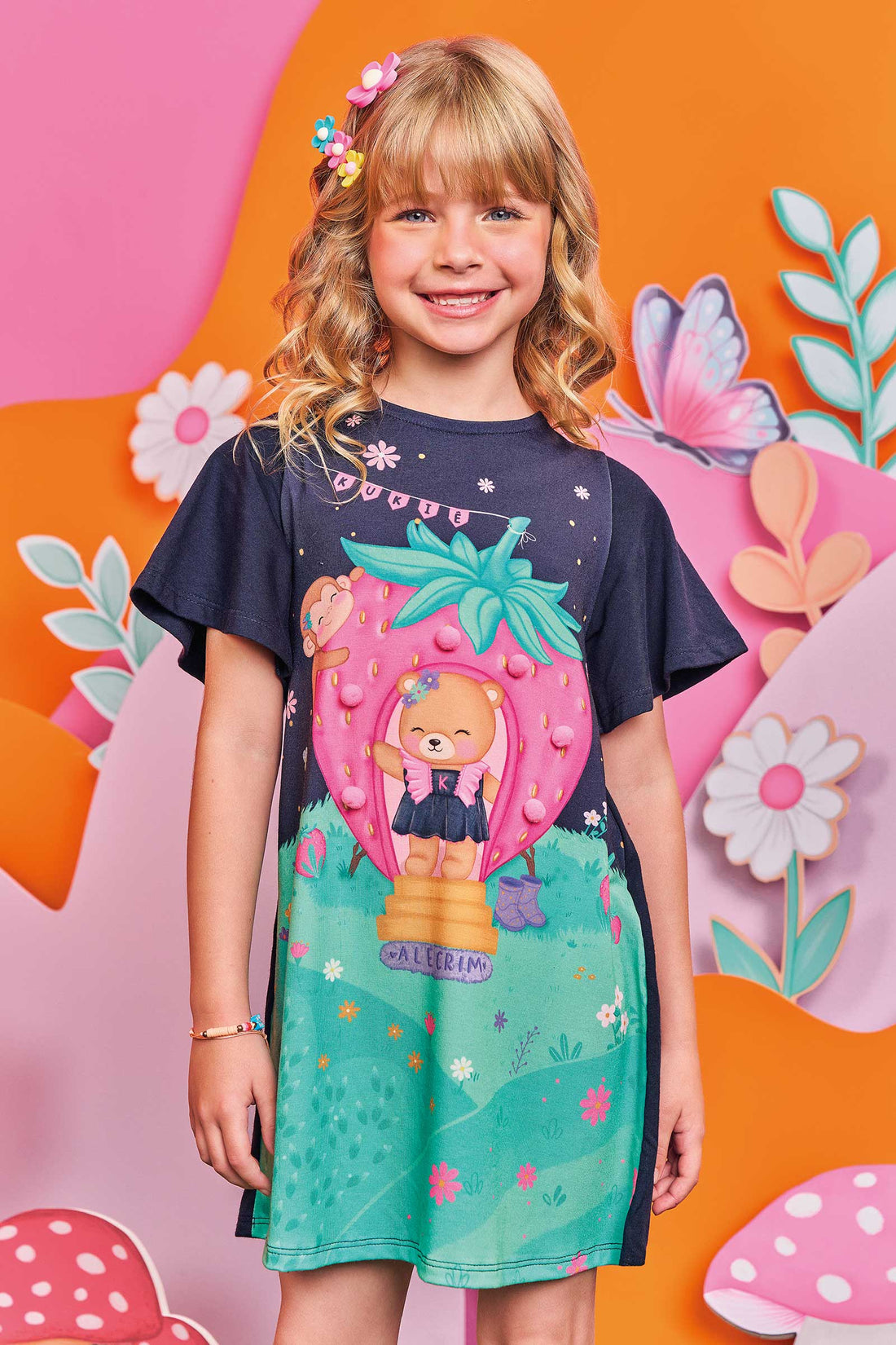 Vestido Infantil Kukie Alecrim Verão Azul Ursinho