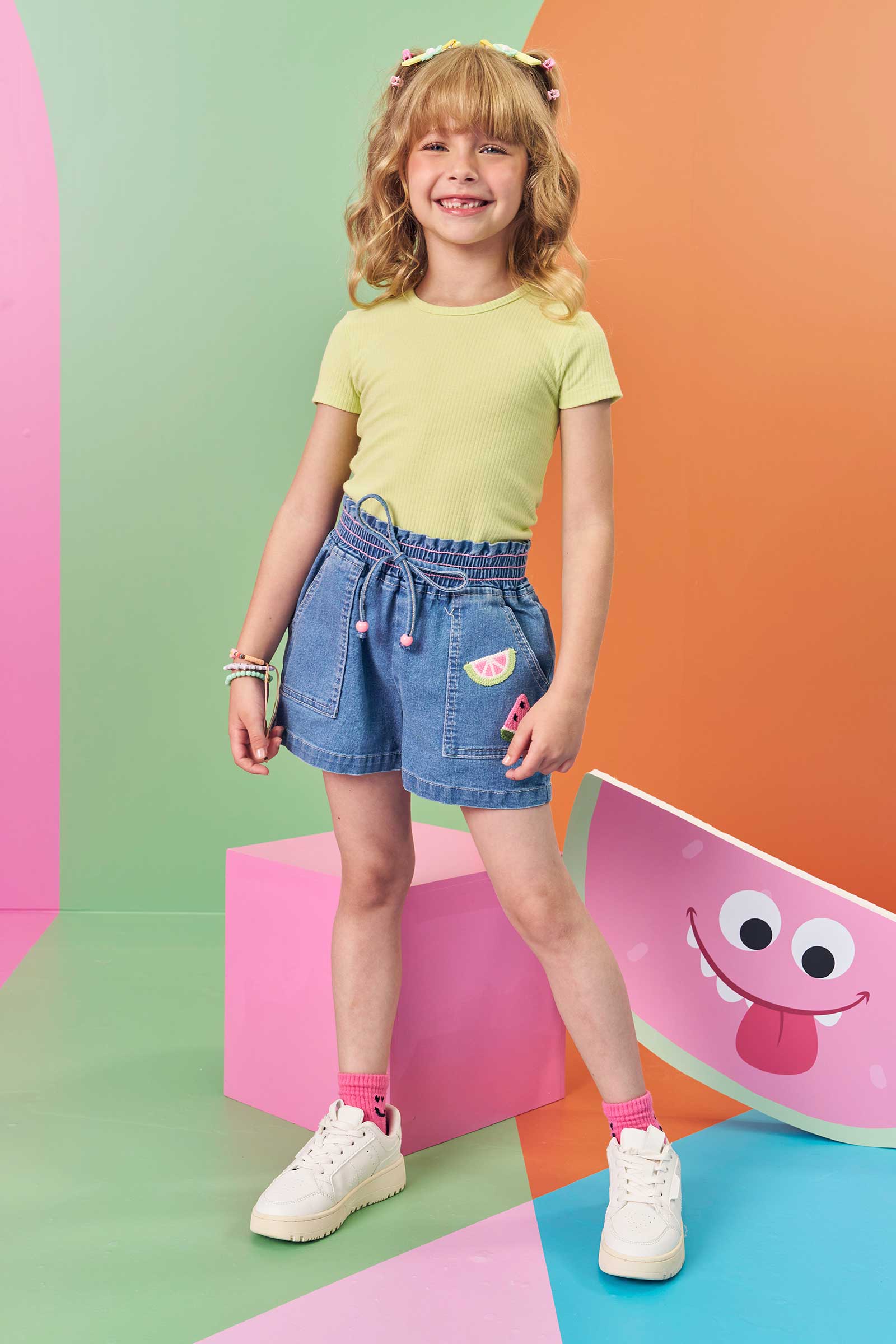 Blusa Infantil Kukie Verão Canelada Verde Neon