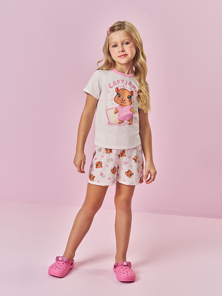 Pijama Infantil Cinti Verão com Shorts e Blusa Off White Capivarinha