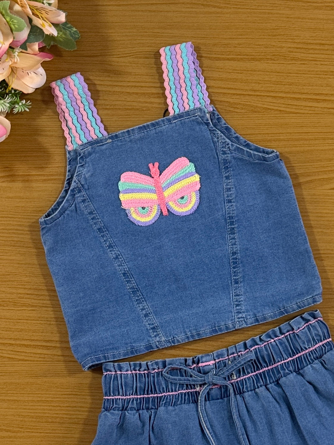 Conjunto Infantil Kukie Verão Saia e Cropped Jeans Borboleta