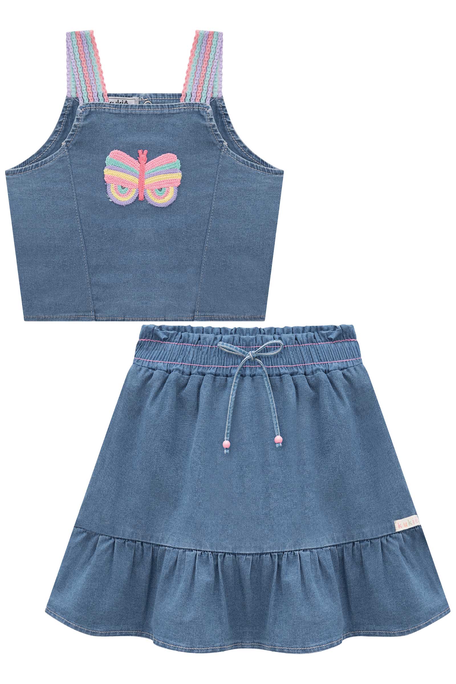 Conjunto Infantil Kukie Verão Saia e Cropped Jeans Borboleta