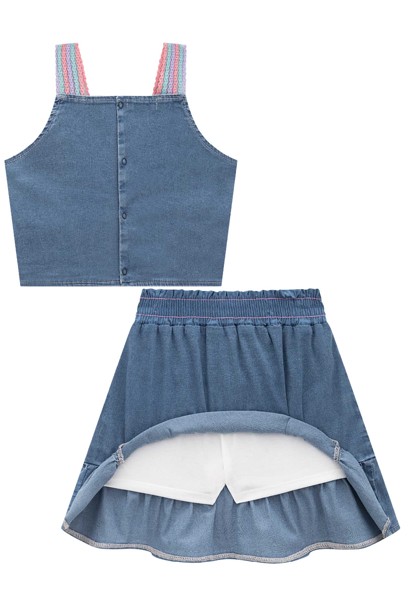 Conjunto Infantil Kukie Verão Saia e Cropped Jeans Borboleta