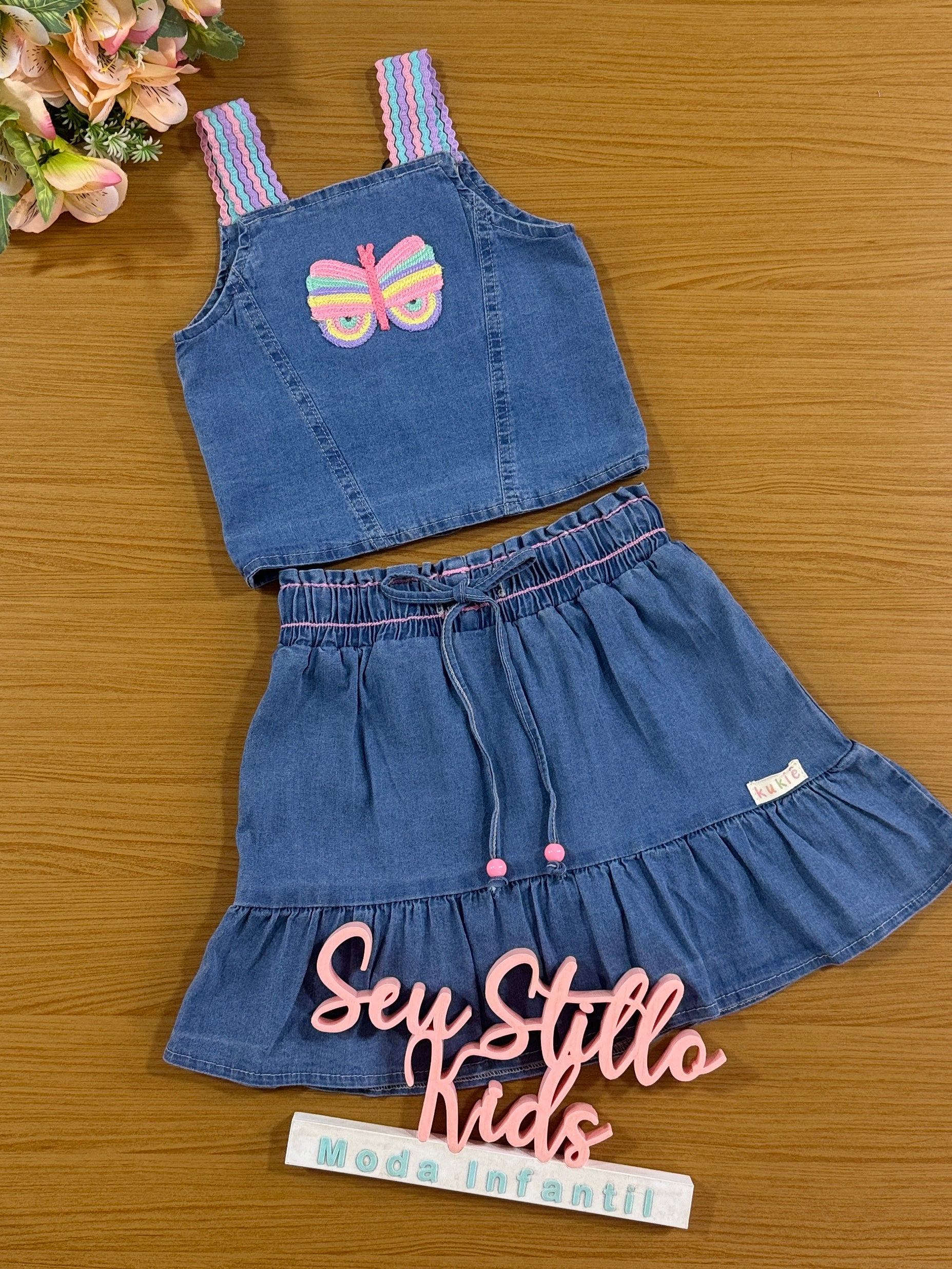 Conjunto Infantil Kukie Verão Saia e Cropped Jeans Borboleta