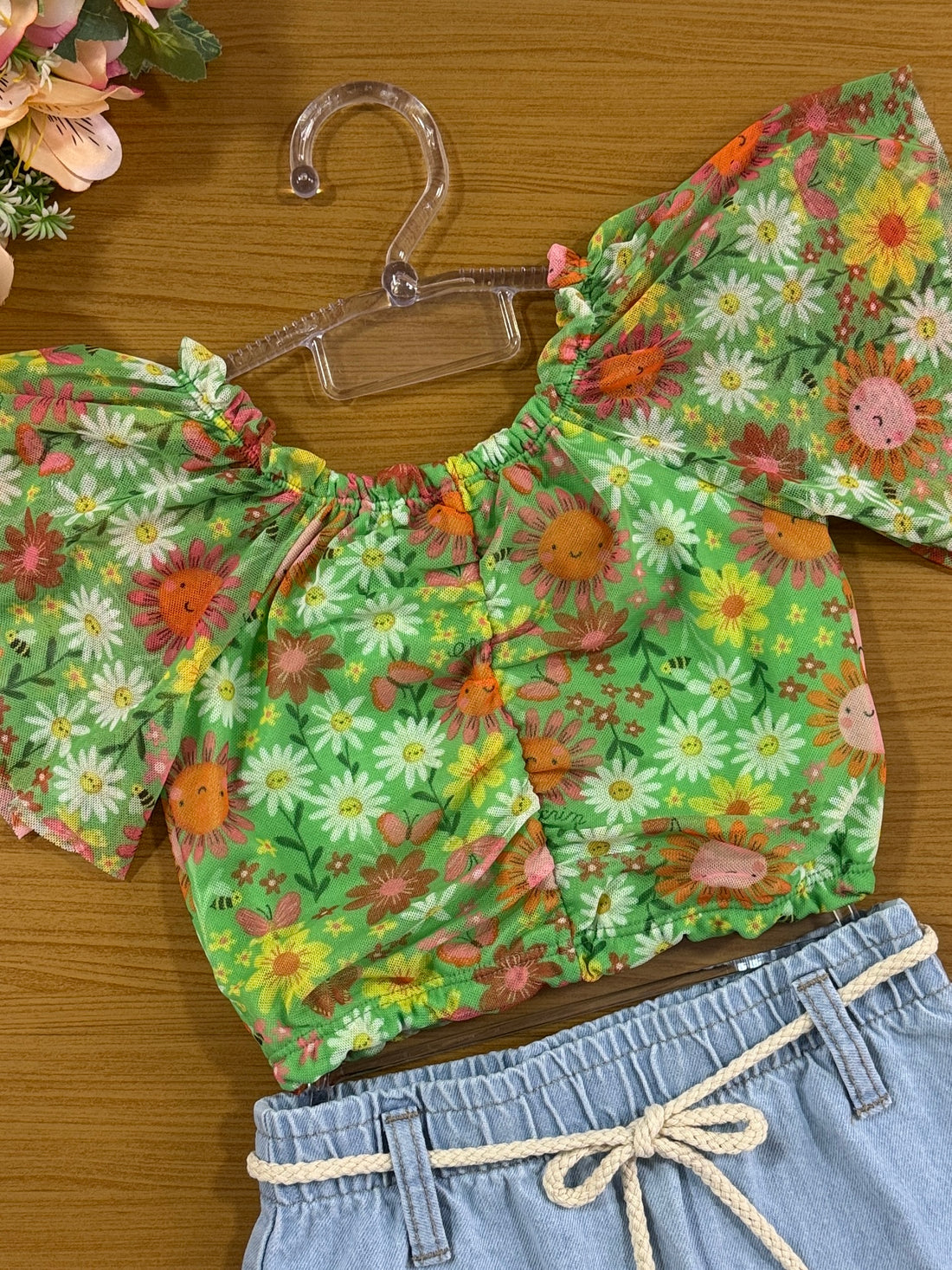 Conjunto Infantil Kukie Alecrim Verão Saia e Blusa Verde Tule Flor