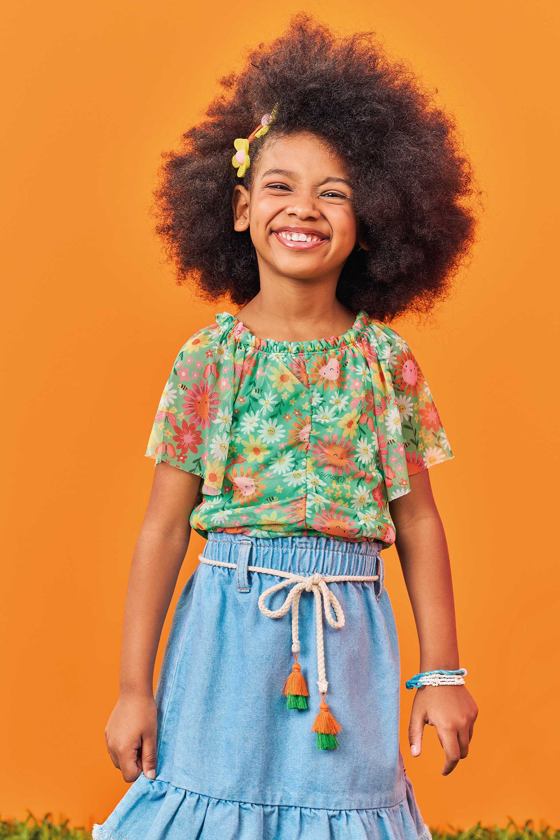 Conjunto Infantil Kukie Alecrim Verão Saia e Blusa Verde Tule Flor