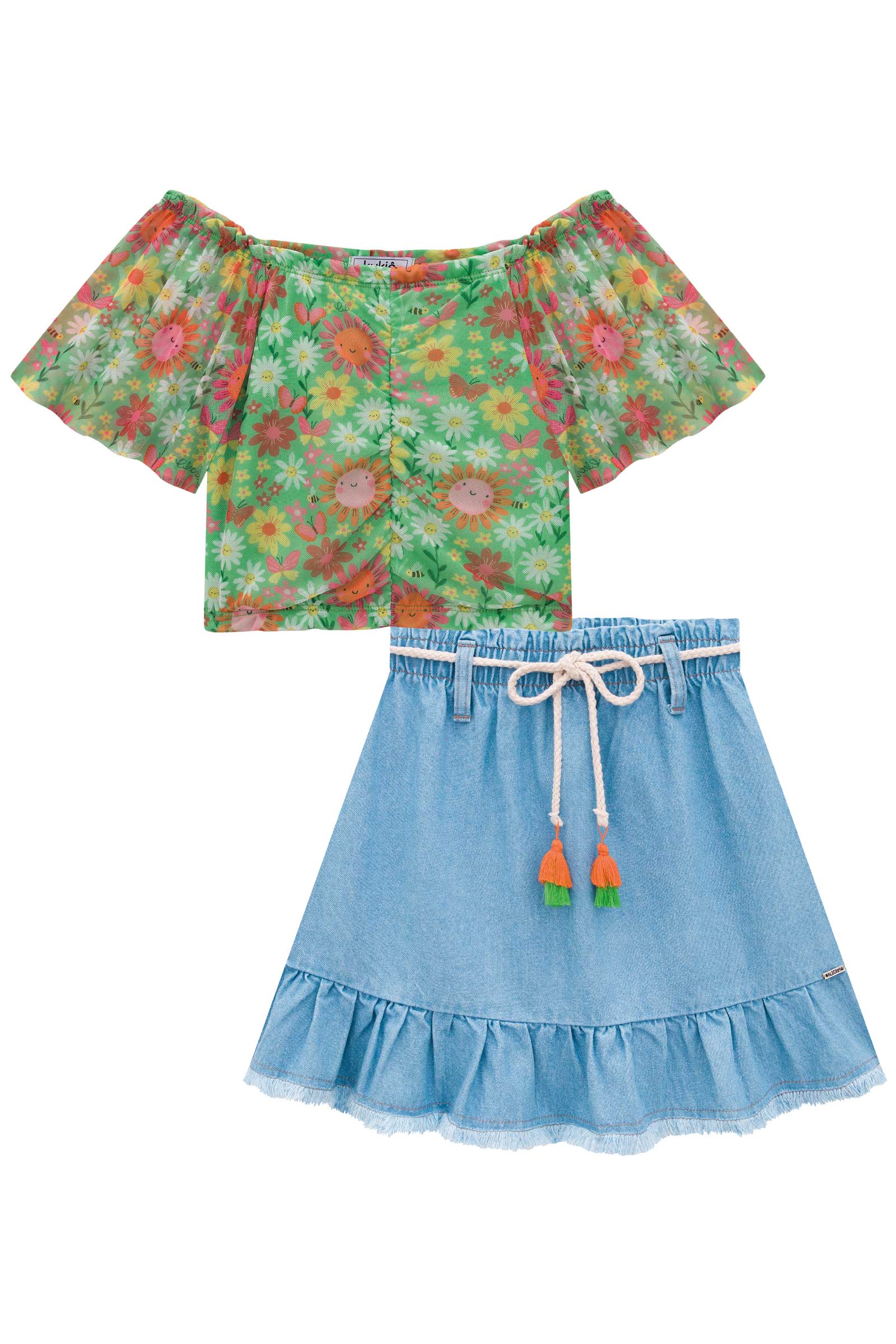 Conjunto Infantil Kukie Alecrim Verão Saia e Blusa Verde Tule Flor
