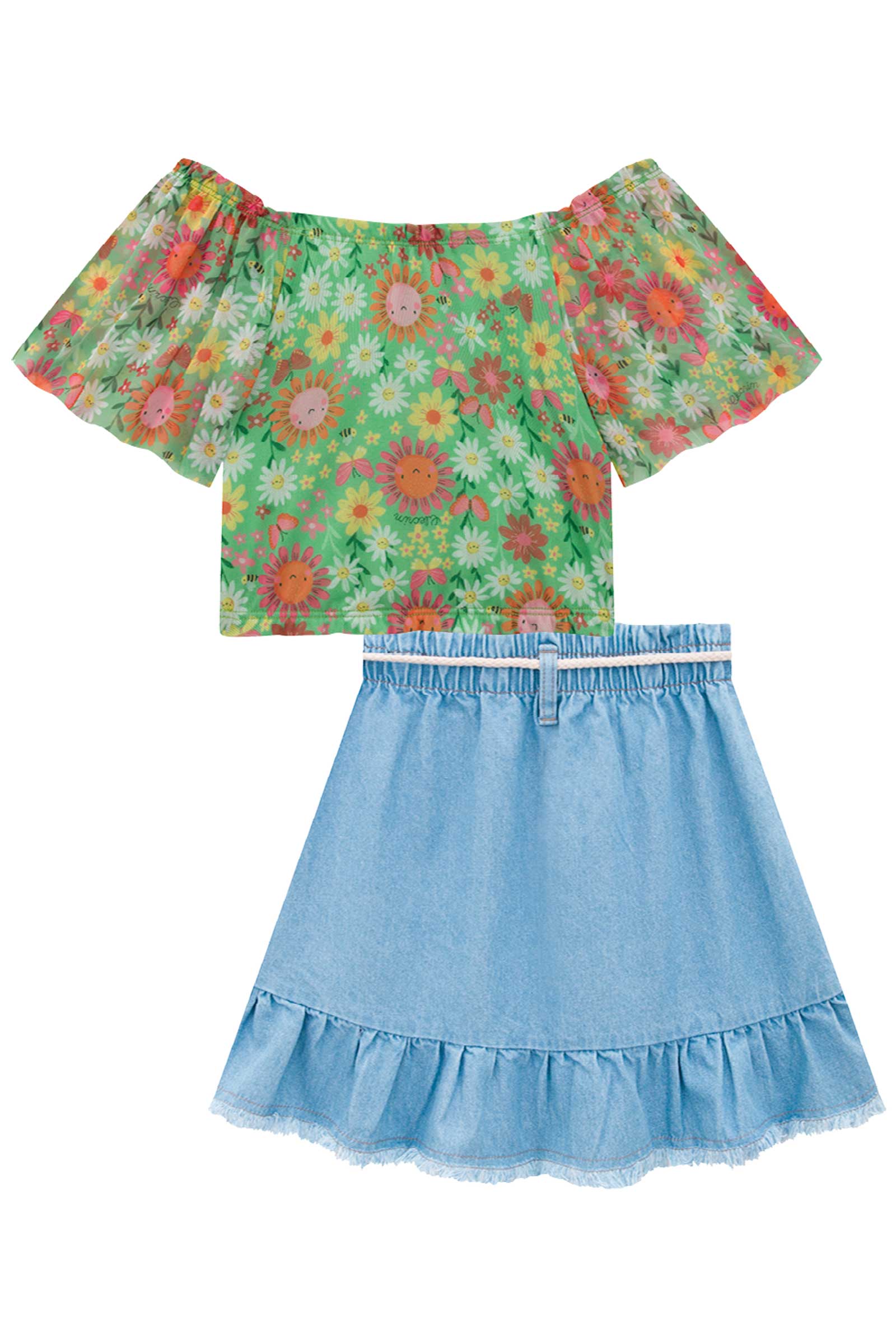 Conjunto Infantil Kukie Alecrim Verão Saia e Blusa Verde Tule Flor