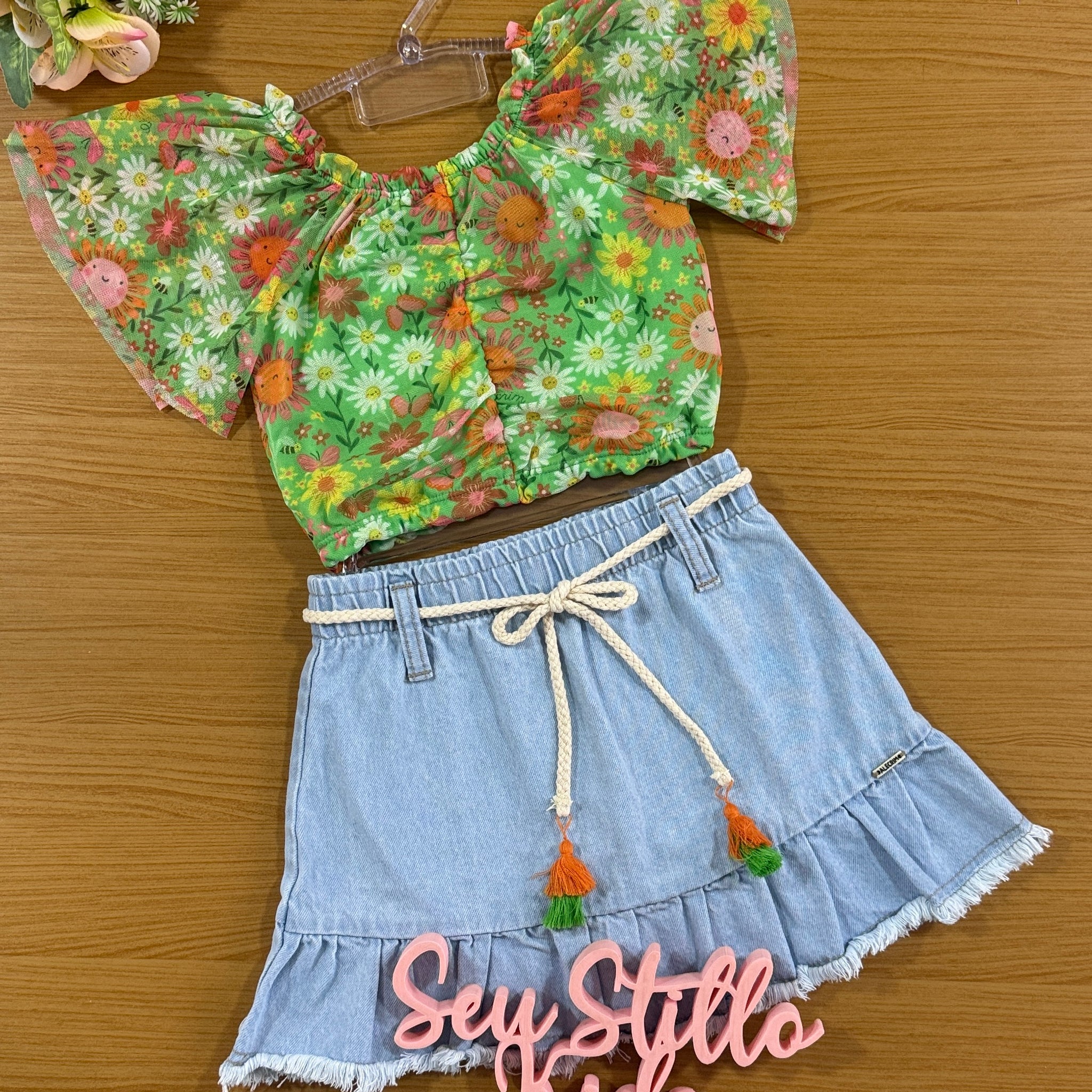 Conjunto Infantil Kukie Alecrim Verão Saia e Blusa Verde Tule Flor