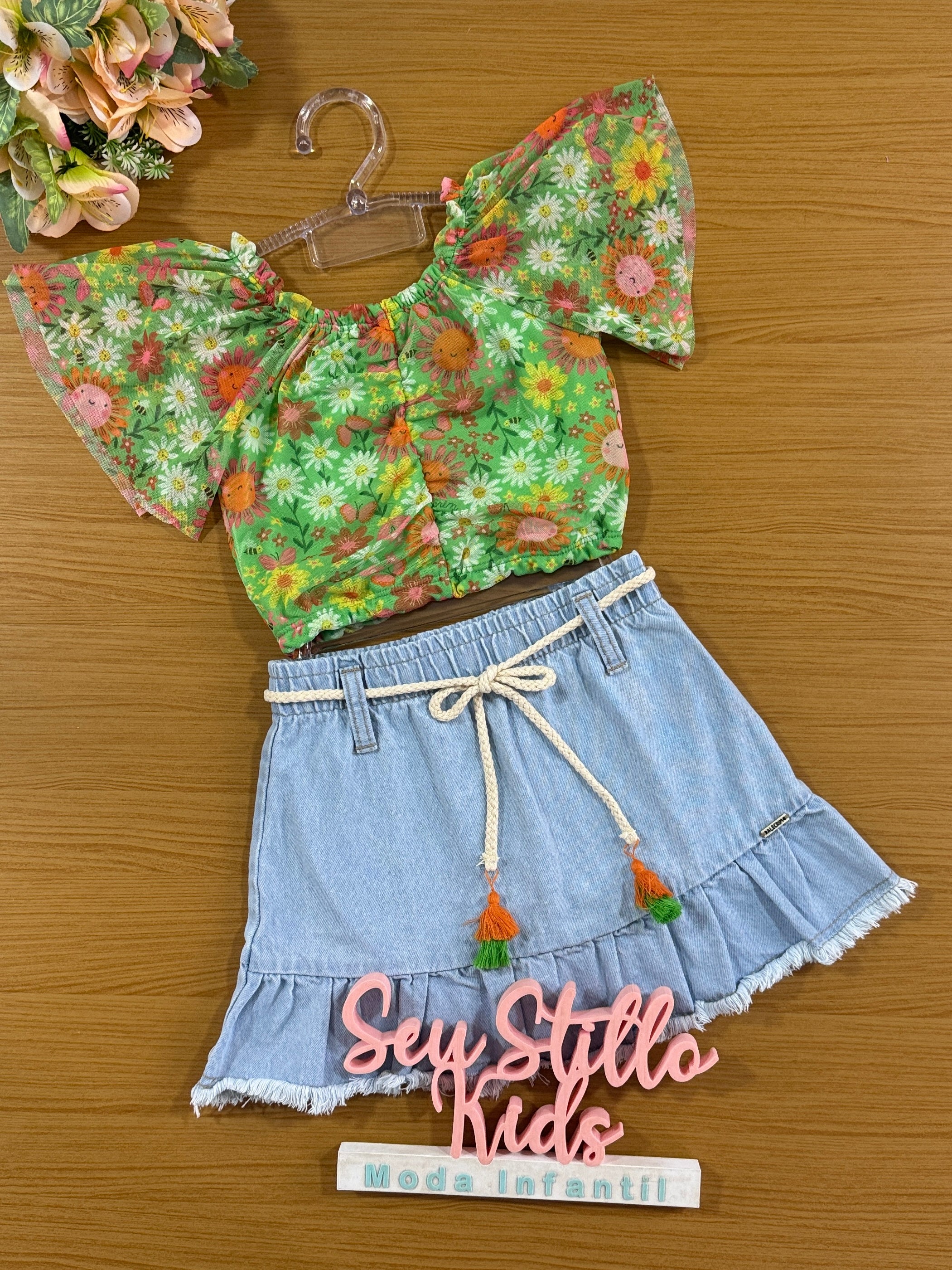 Conjunto Infantil Kukie Alecrim Verão Saia e Blusa Verde Tule Flor