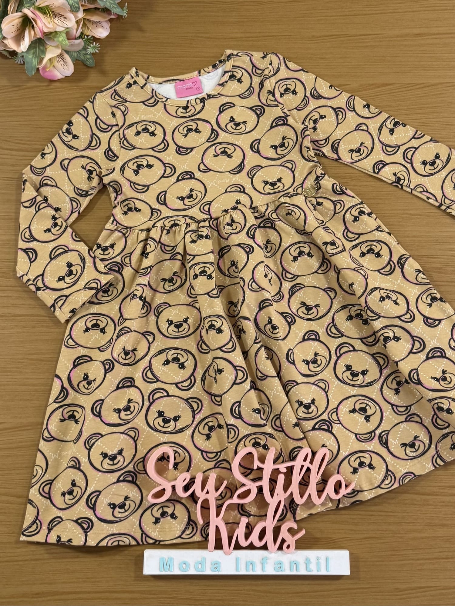 Vestido Infantil Momi Inverno Manga Longa Caramelo Ursinhos