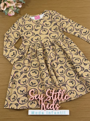 Vestido Infantil Momi Inverno Manga Longa Caramelo Ursinhos