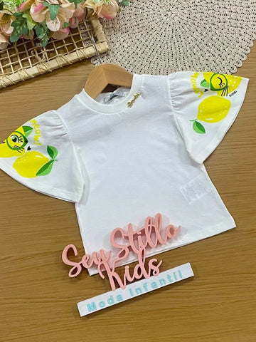 Blusa Infantil Menina Bimbi Branca Gatinho Limão