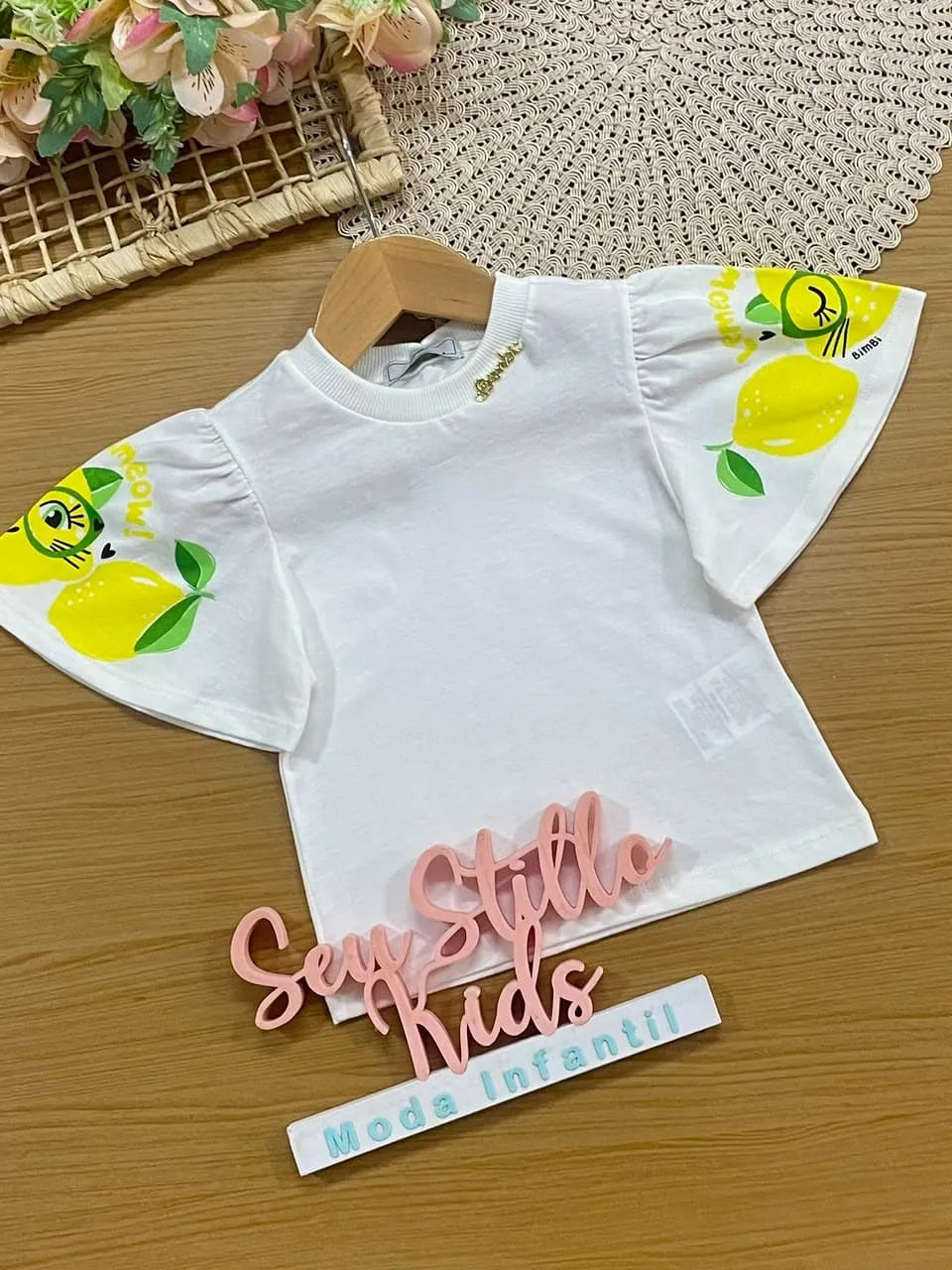 Blusa Infantil Menina Bimbi Branca Gatinho Limão