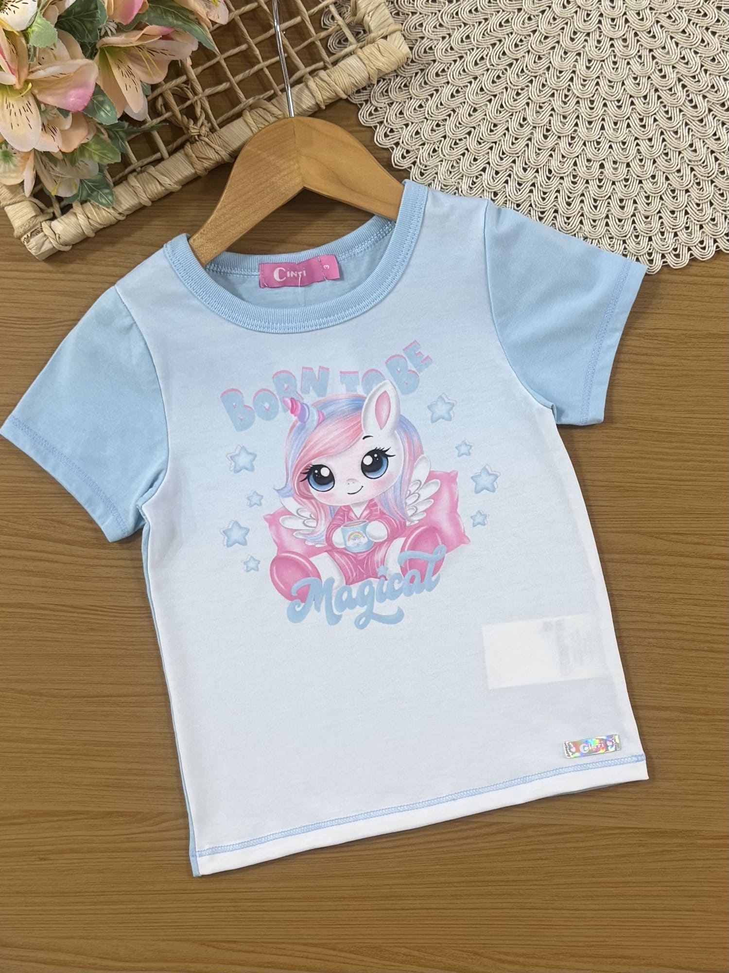 Pijama Infantil Cinti Verão com Shorts e Blusa Azul Unicórnio Magical