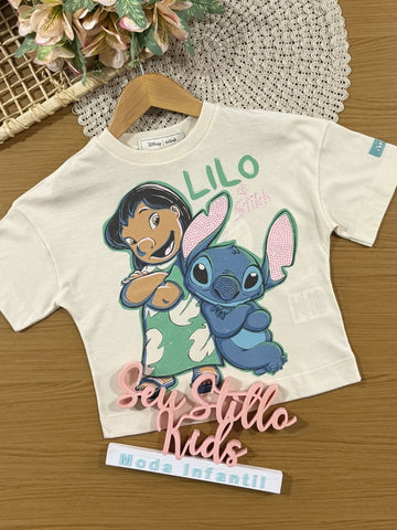 Blusa Infantil Animê Bege Lilo e Stitch com Strass Disney