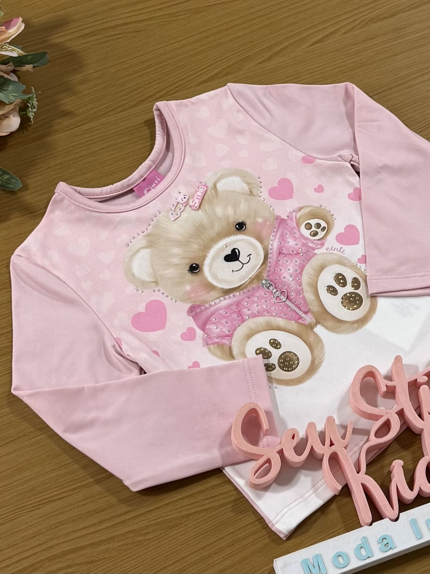 Blusa Infantil Cinti Inverno Manga longa Térmica Rosa Ursinho