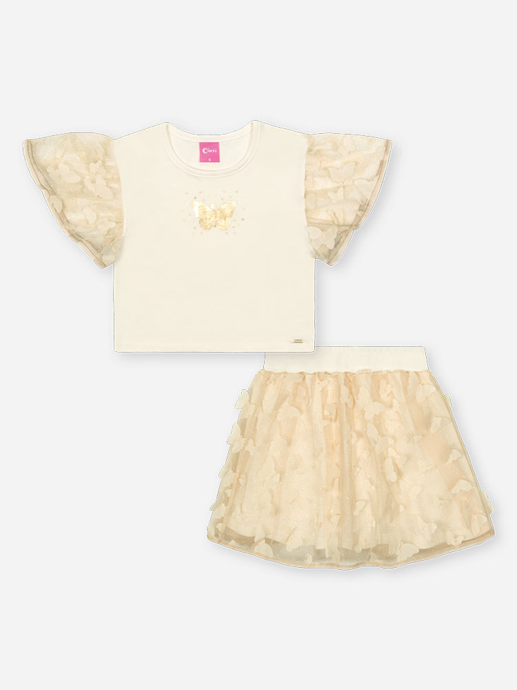 Conjunto Infantil Cinti Verão com Saia em Tule e Blusa Branca Borboleta Dourada