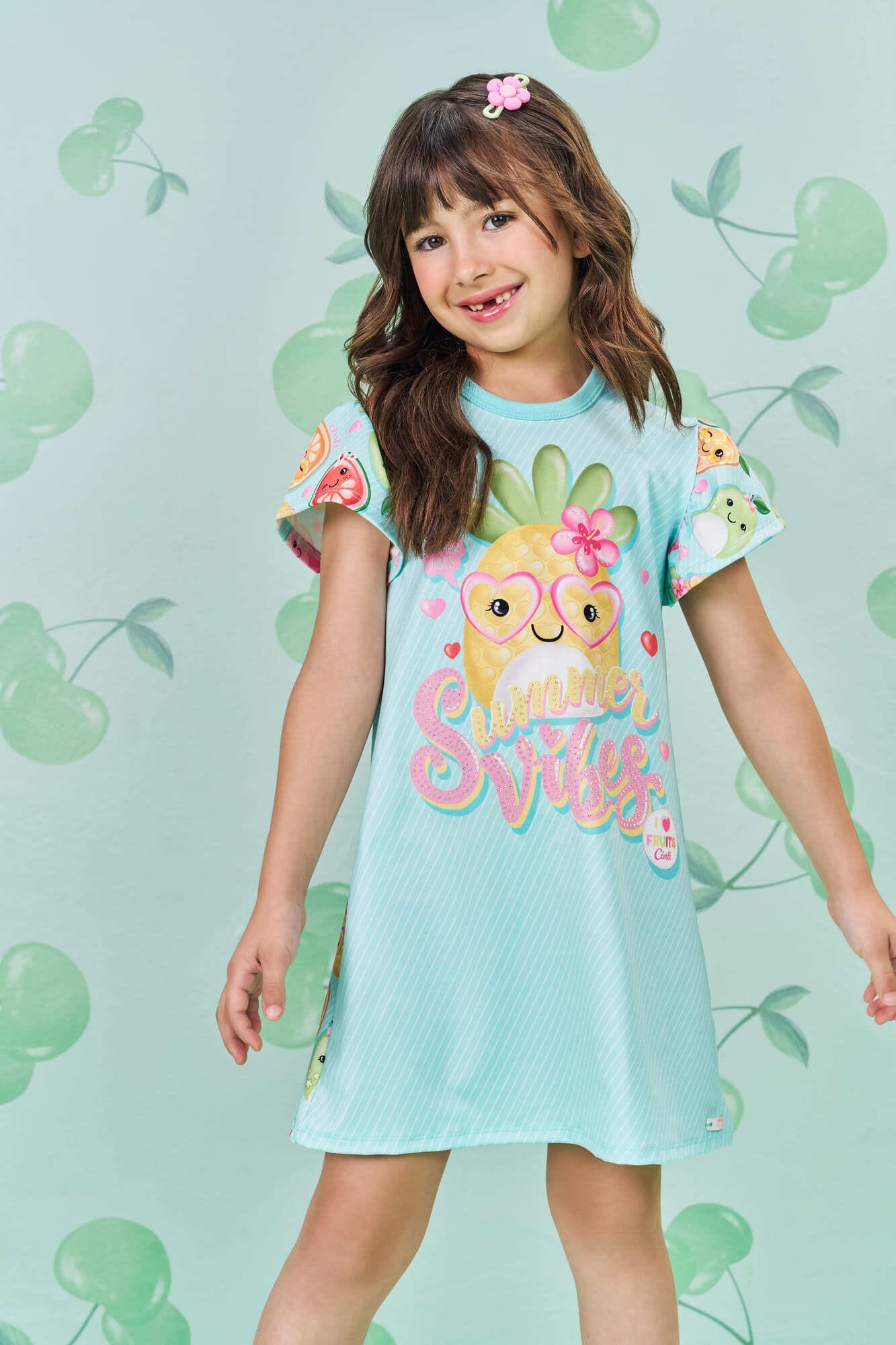 Vestido Infantil Cinti Verão Azul Frutinhas com Strass